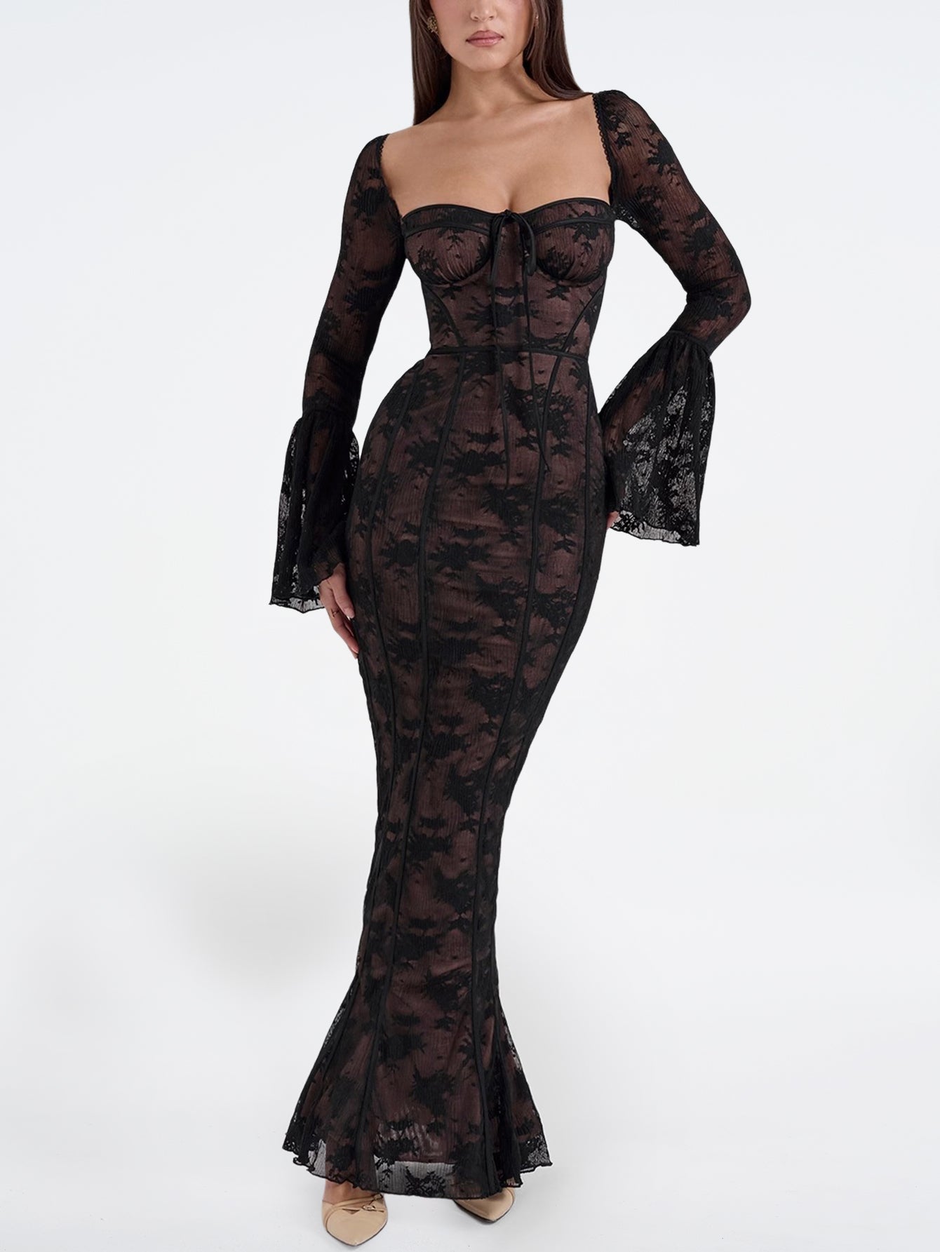 Floral Lace Gown with Flared Sleeves