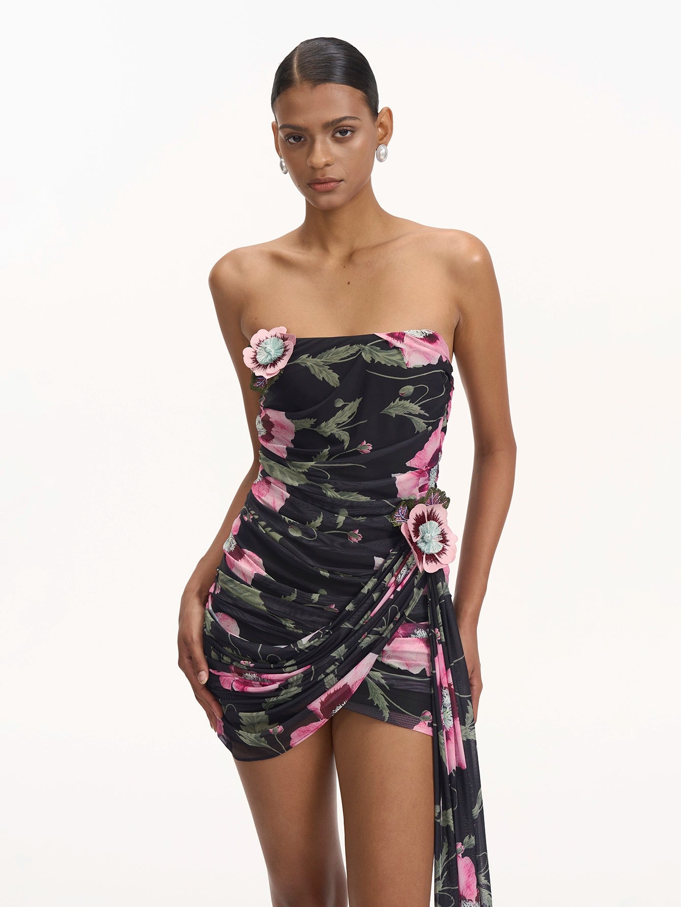 Floral Draped Mini Dress with Train