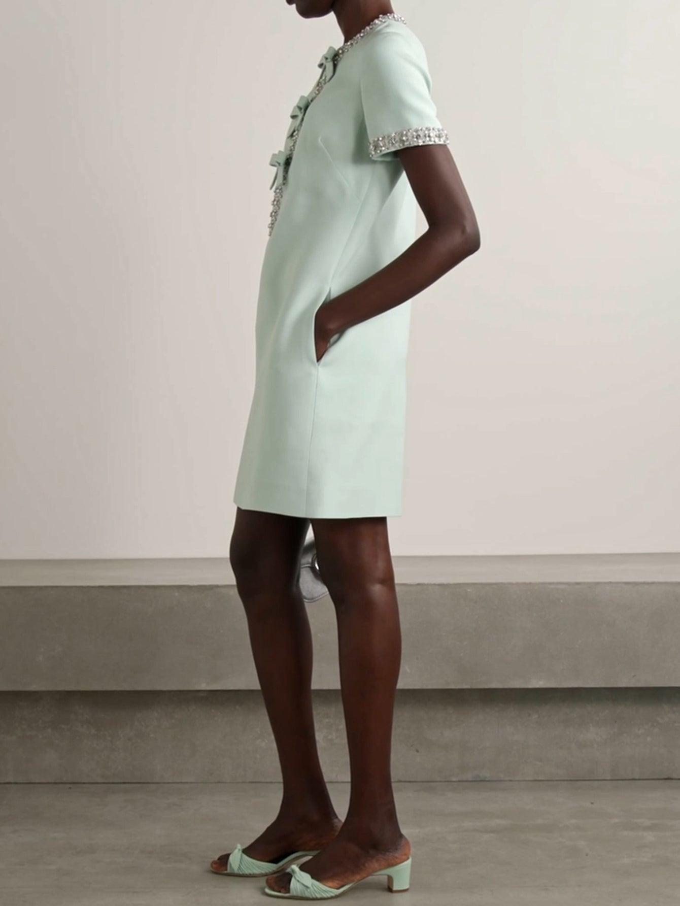 Embellished Mint Wool-Crepe Mini Dress