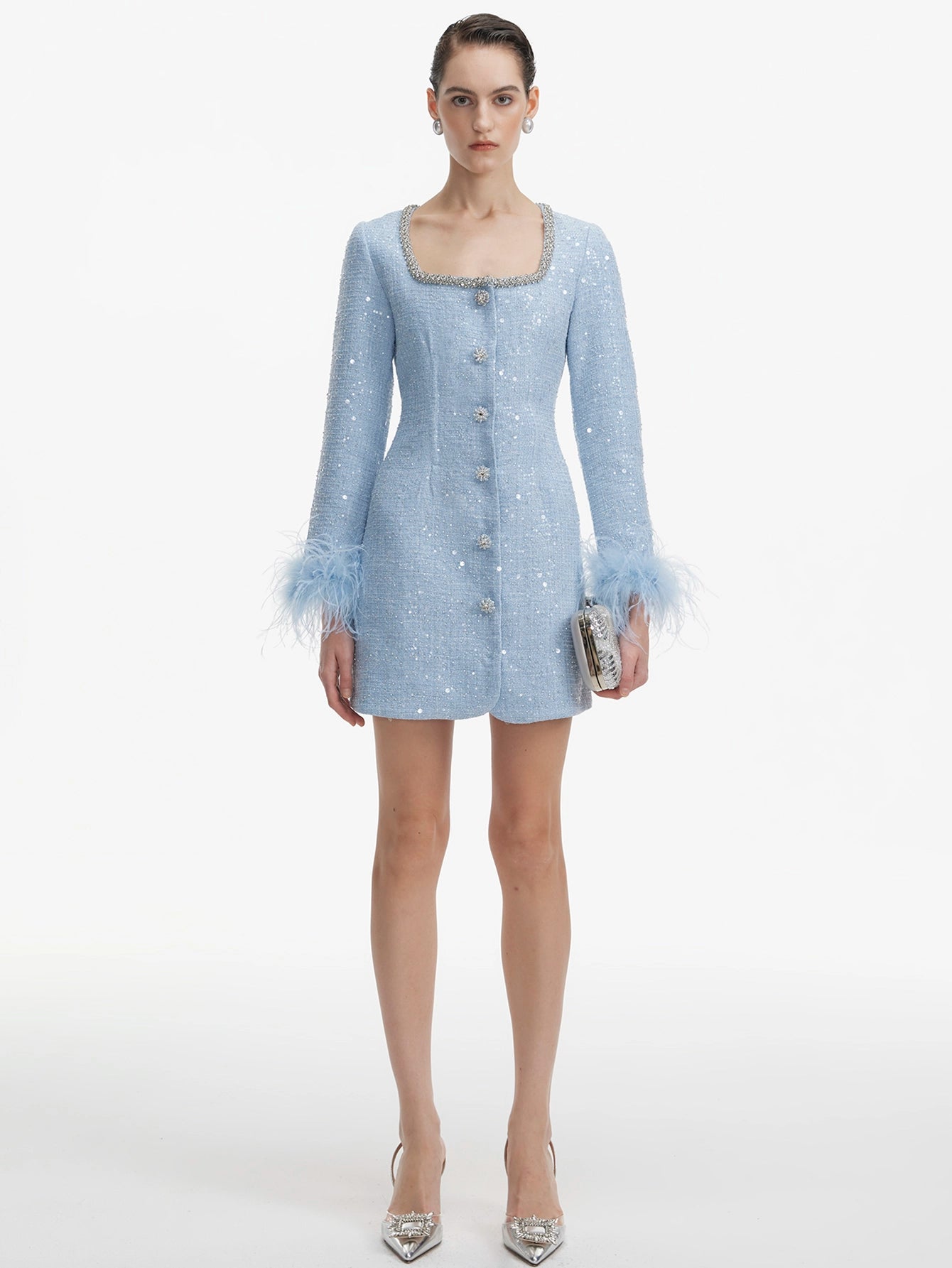 Square Neck Glitter Feather Mini Dress(Silvia)