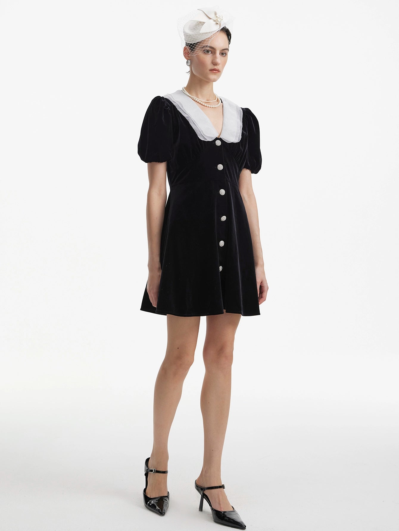 Peter Pan Collar Button Front Velvet Dress