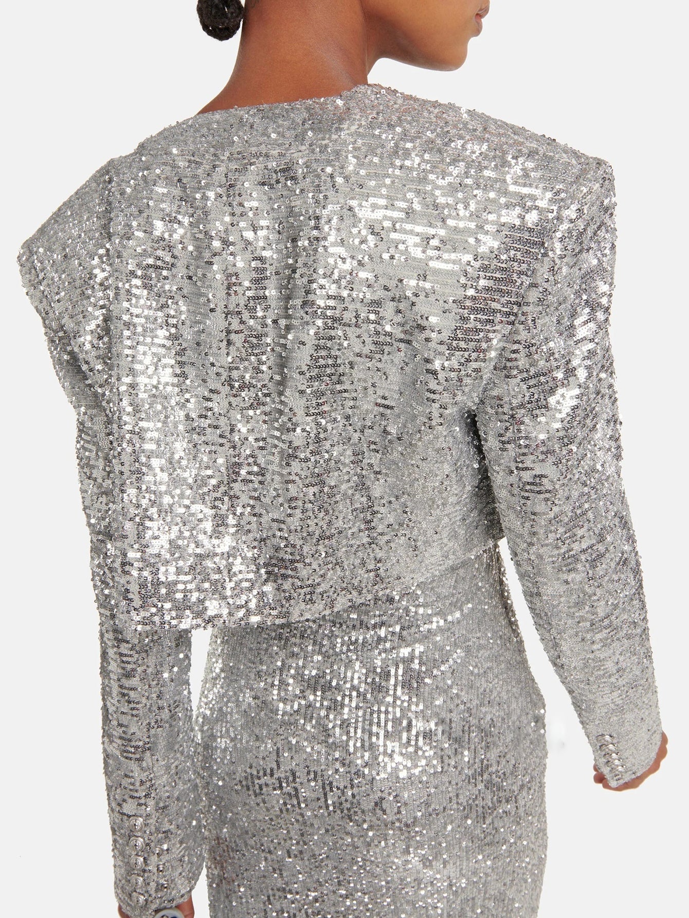 Sequin Cropped Jacket with Embellished Brooch