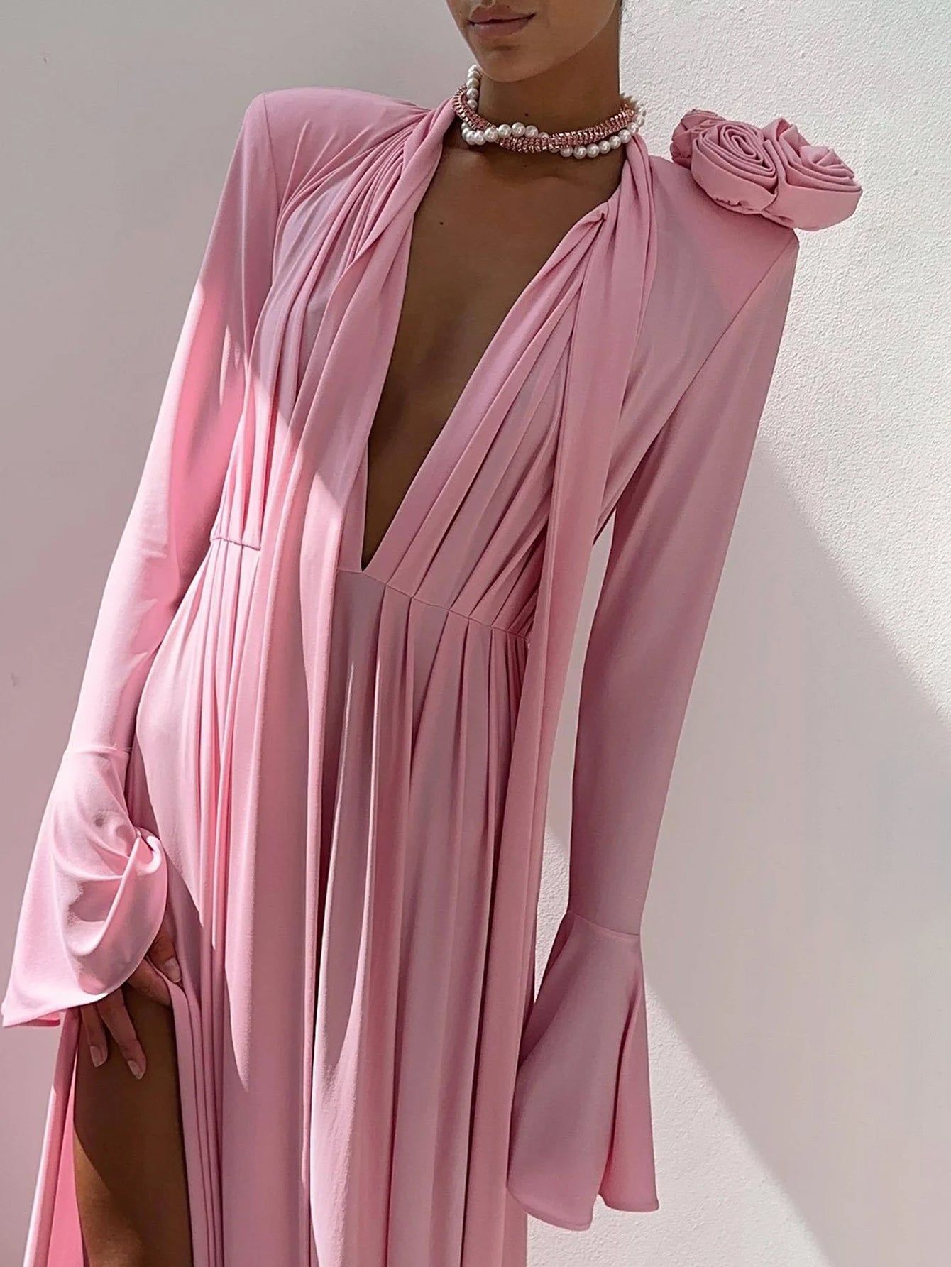 Pink Deep V-Neck Gown with Rose Embellishment