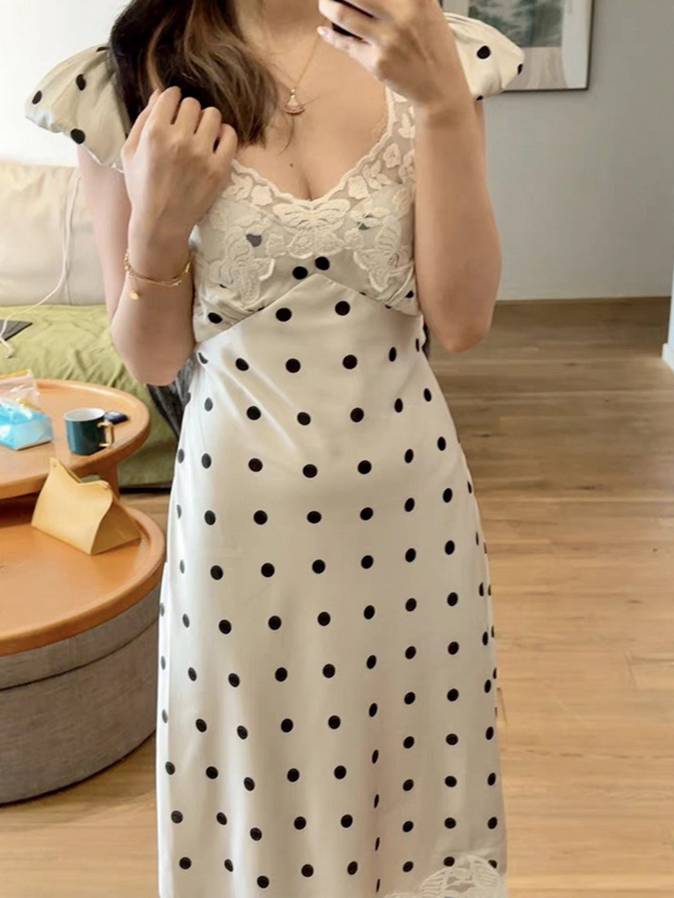 Polka Dot Silk Maxi Dress with Lace Detailing