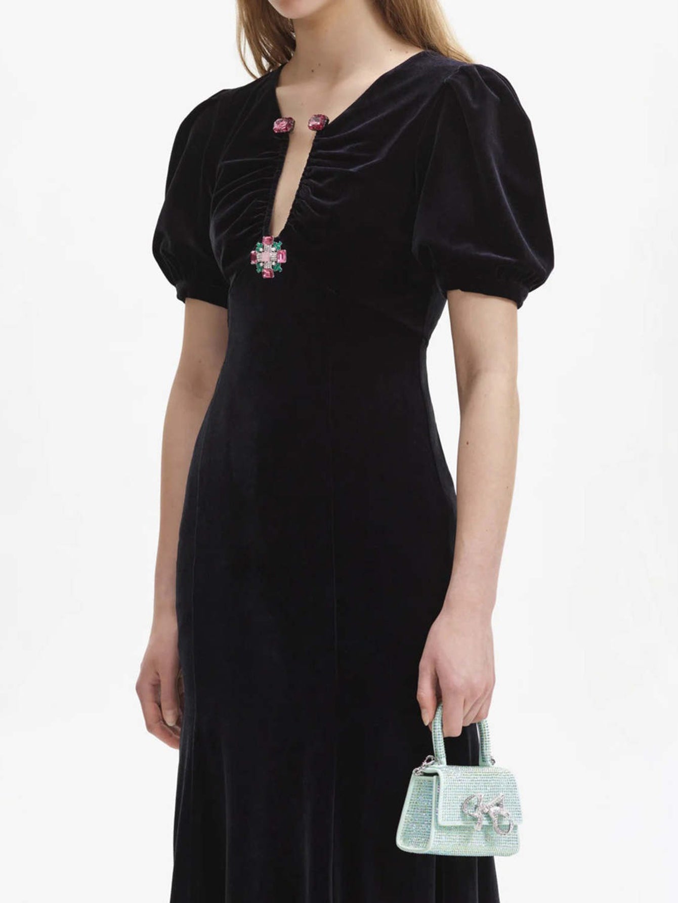 Elegant Velvet Midi Dress with Puff Sleeves