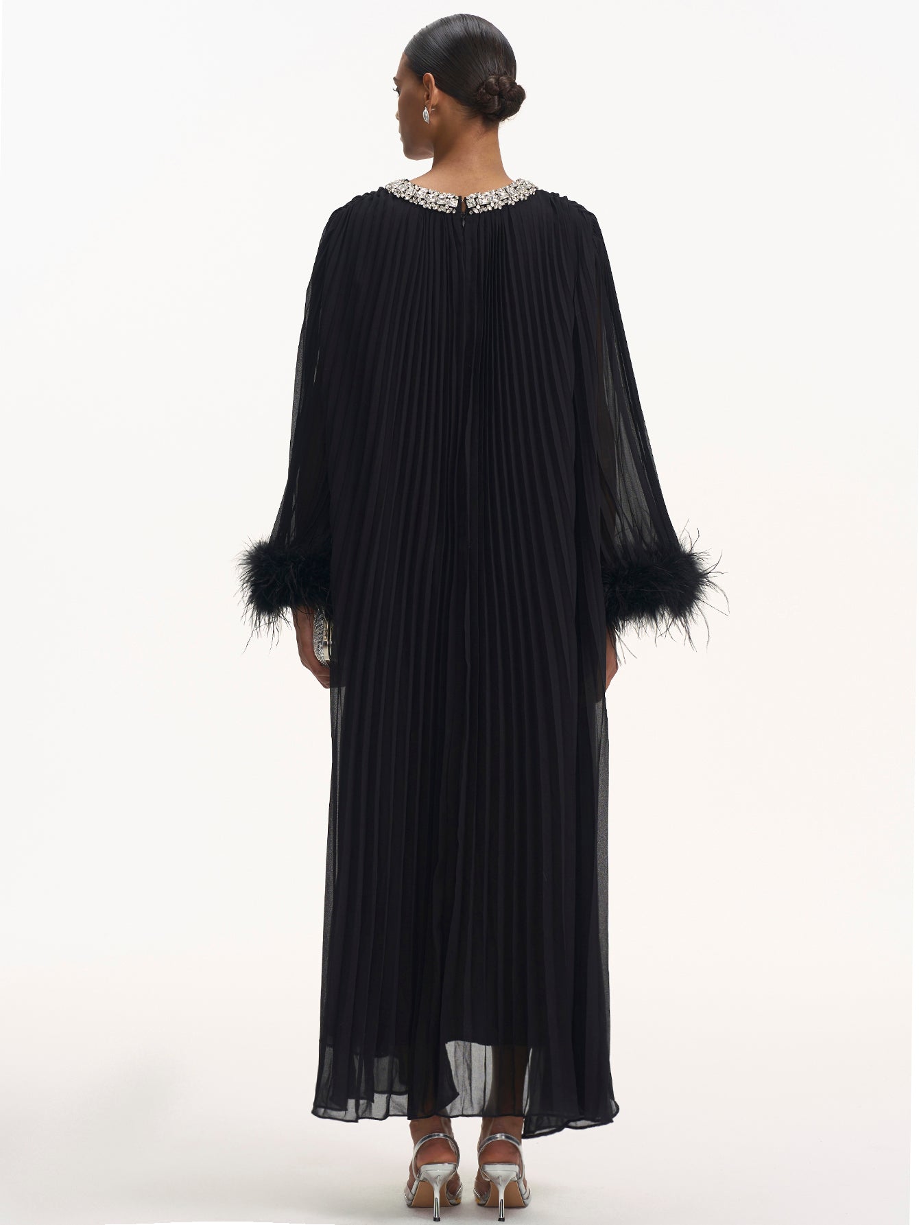 Feathered Cuff Embellished Pleated Gown