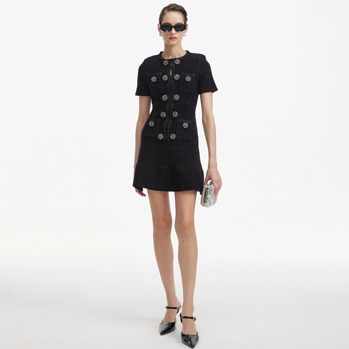 Black Tweed Mini Dress with Crystal Buttons