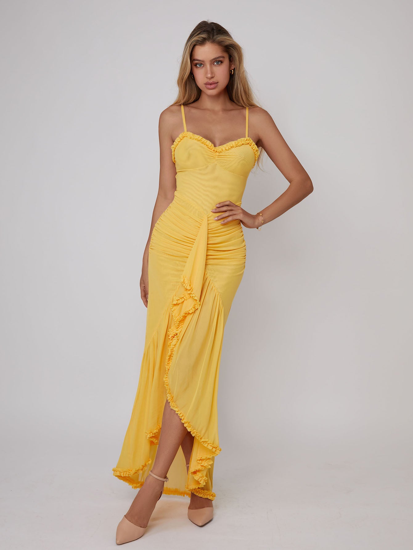 Spaghetti Strap Ruffles Hem High Low Frill Maxi Dress