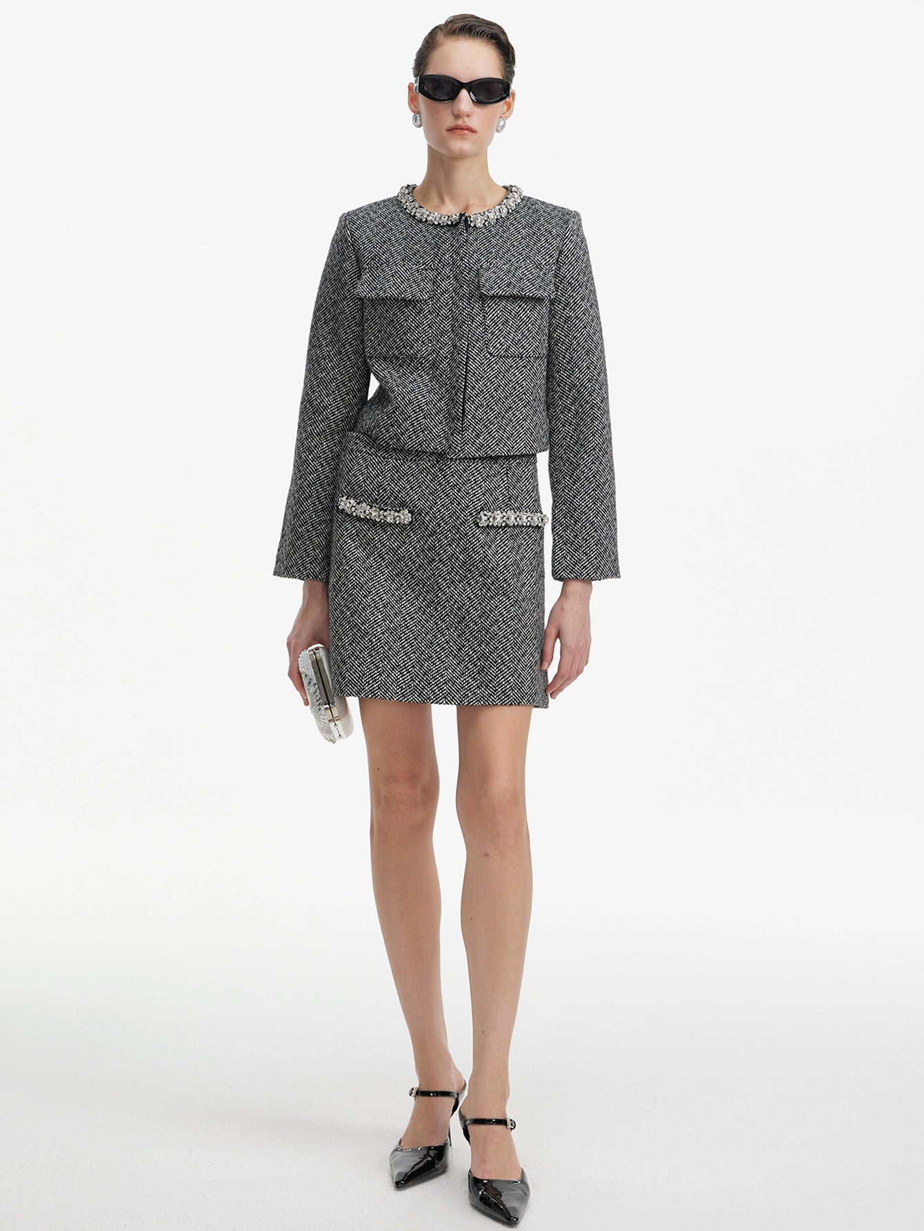 Embellished Collar Tweed Two-Piece Set