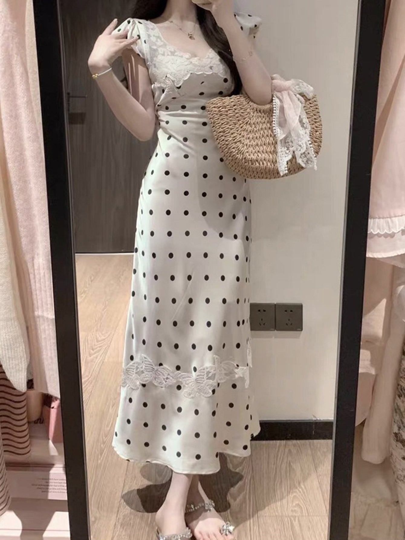 Polka Dot Silk Maxi Dress with Lace Detailing