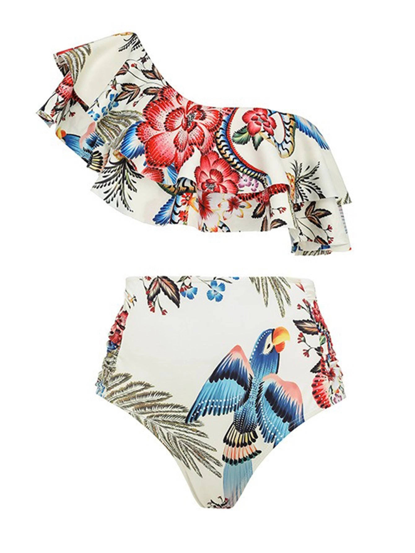 High-Waist Ruffle Bird Print Swimwear