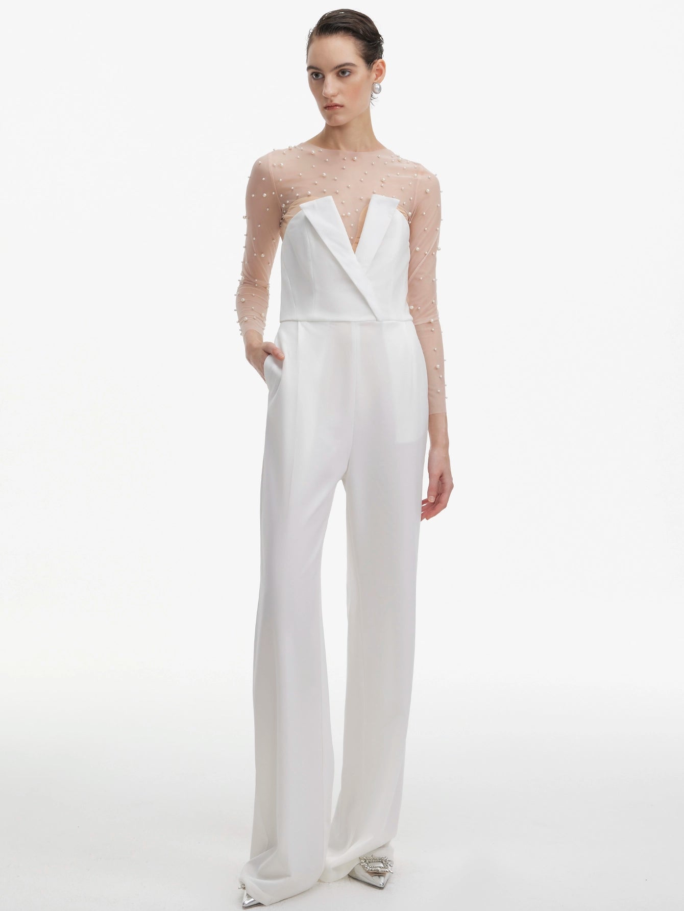 Pearl Beaded White Jumpsuit