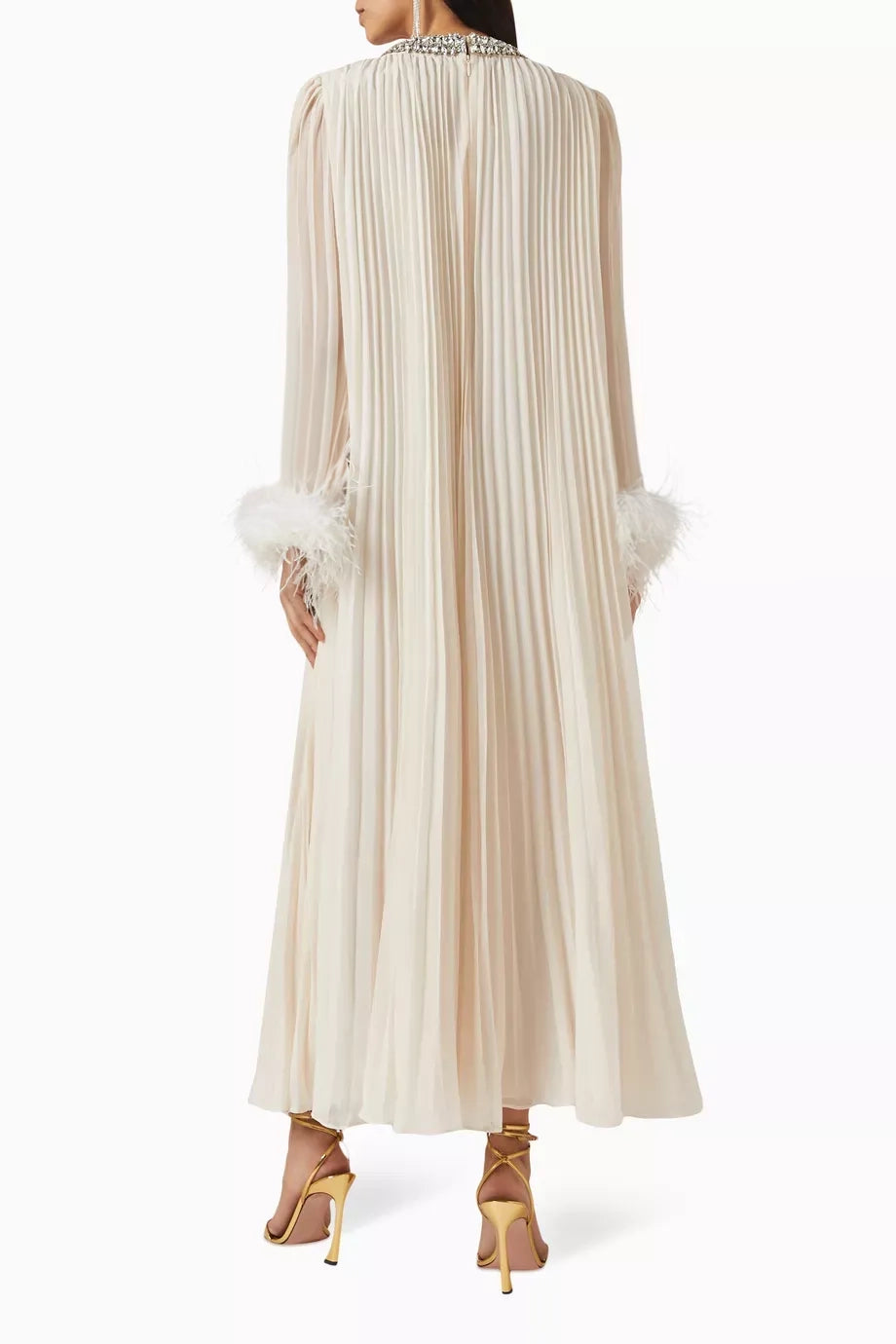 Feathered Cuff Embellished Pleated Gown