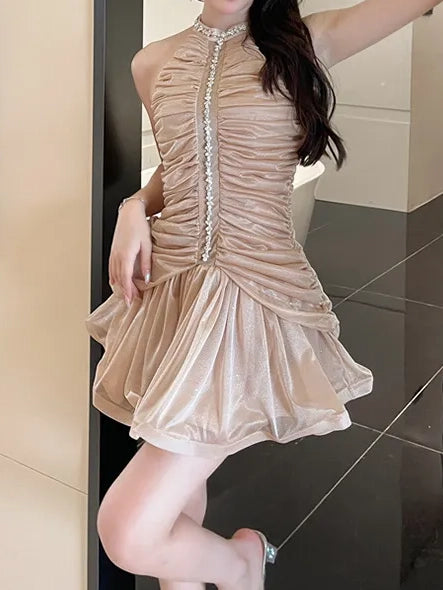 Chic Ruched Halter Mini Dress