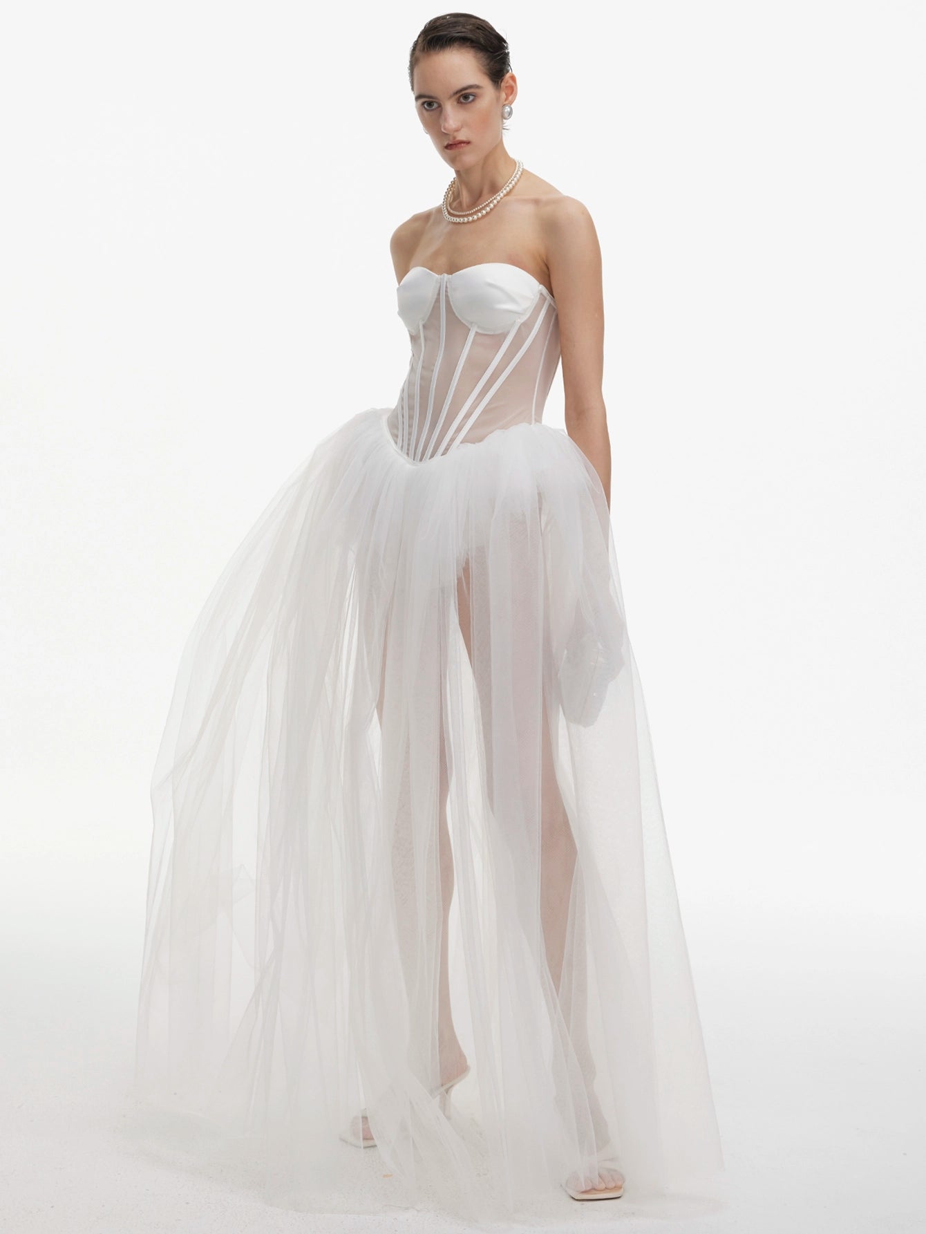 White Corset Gown with Tulle Skirt