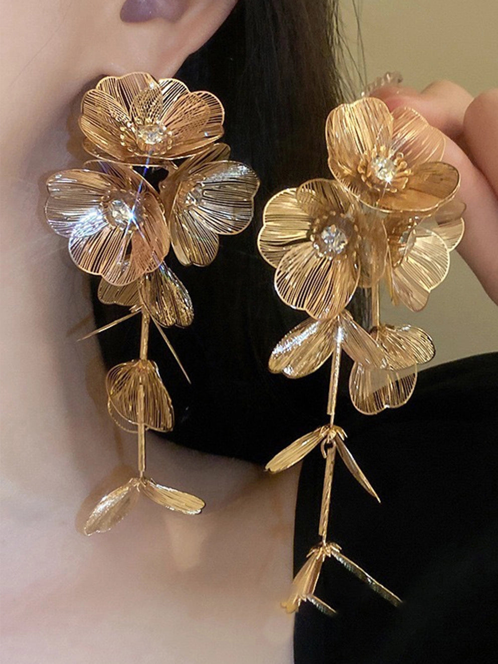 Gold Flower Long Earrings