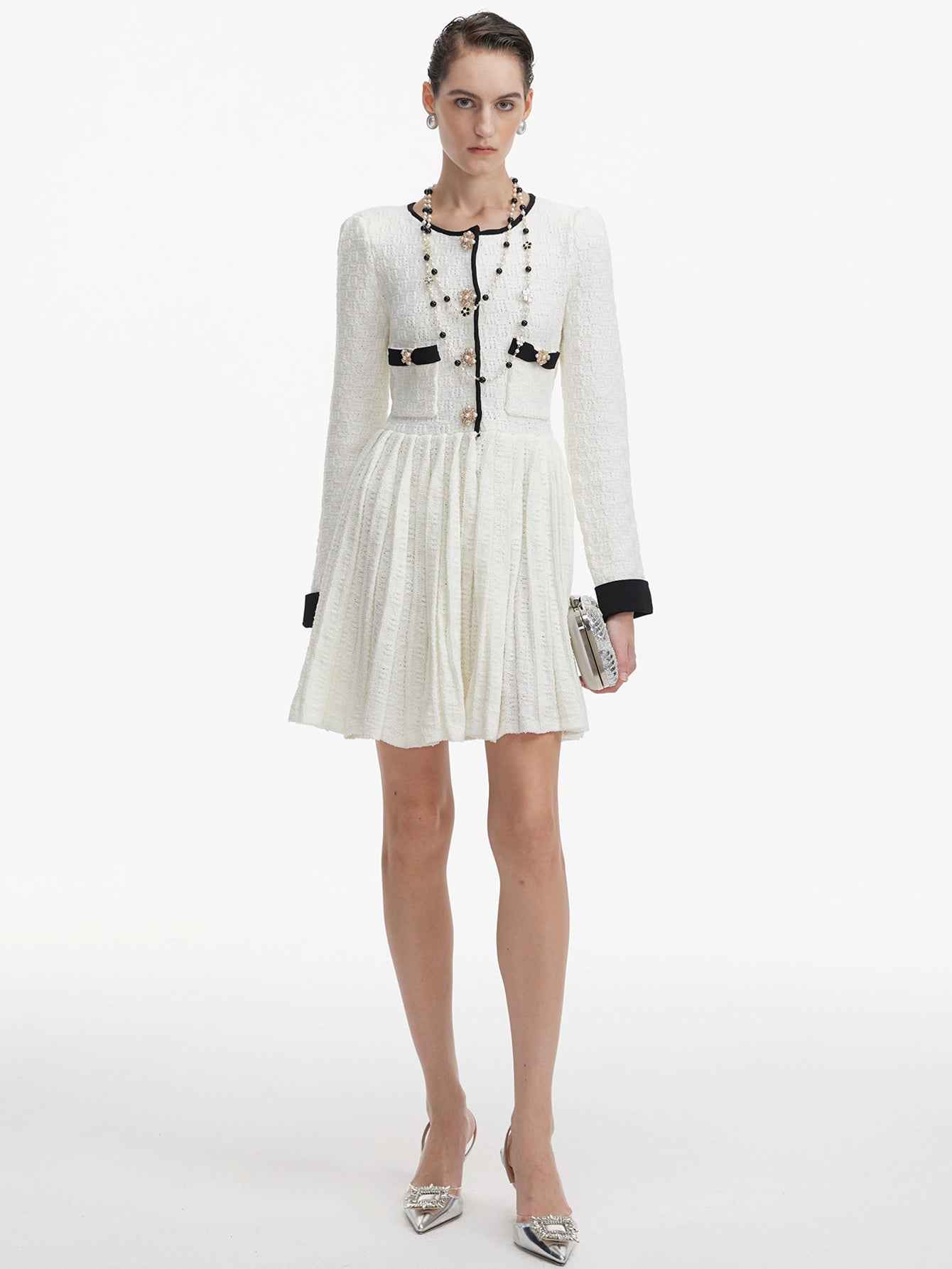 Pleated Knit Mini Dress with Pearl Buttons