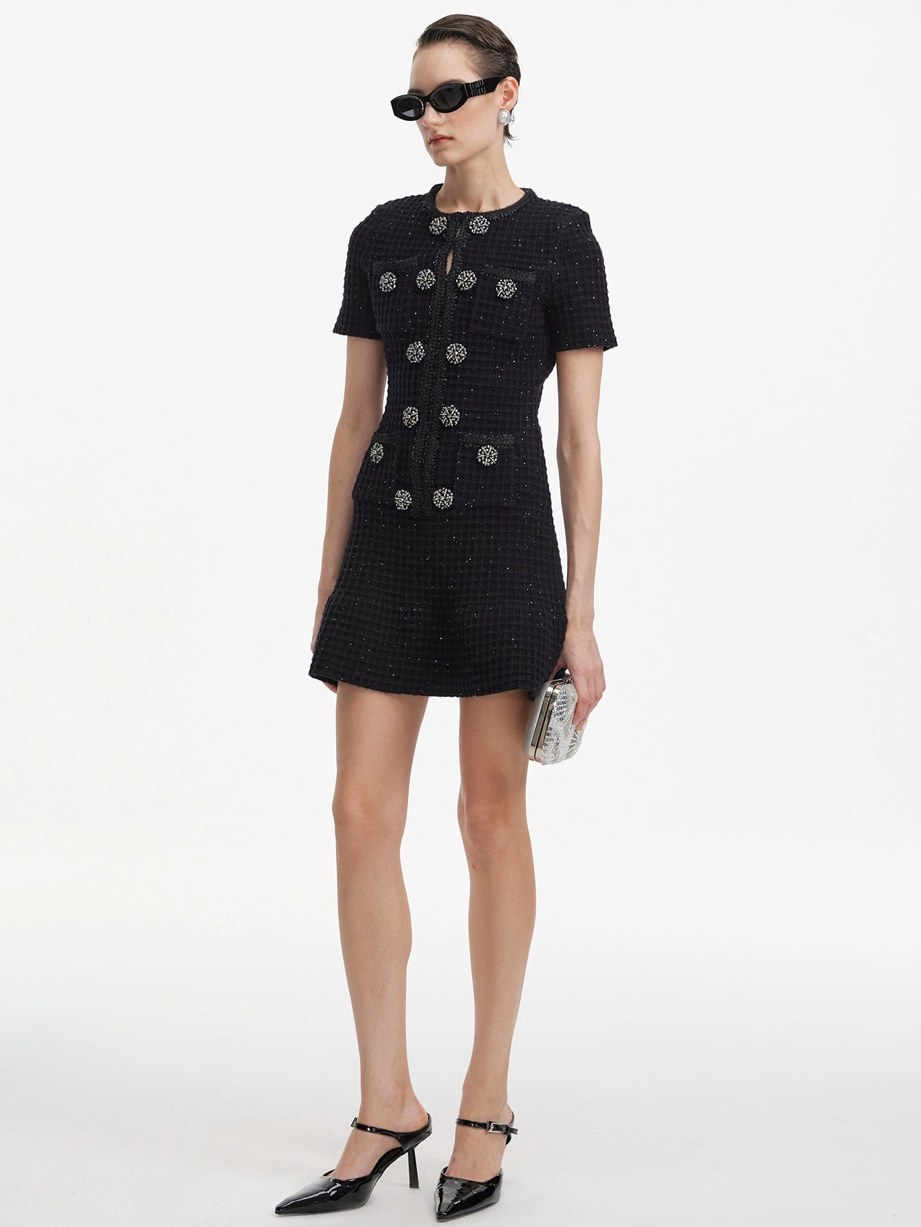 Black Tweed Mini Dress with Crystal Buttons