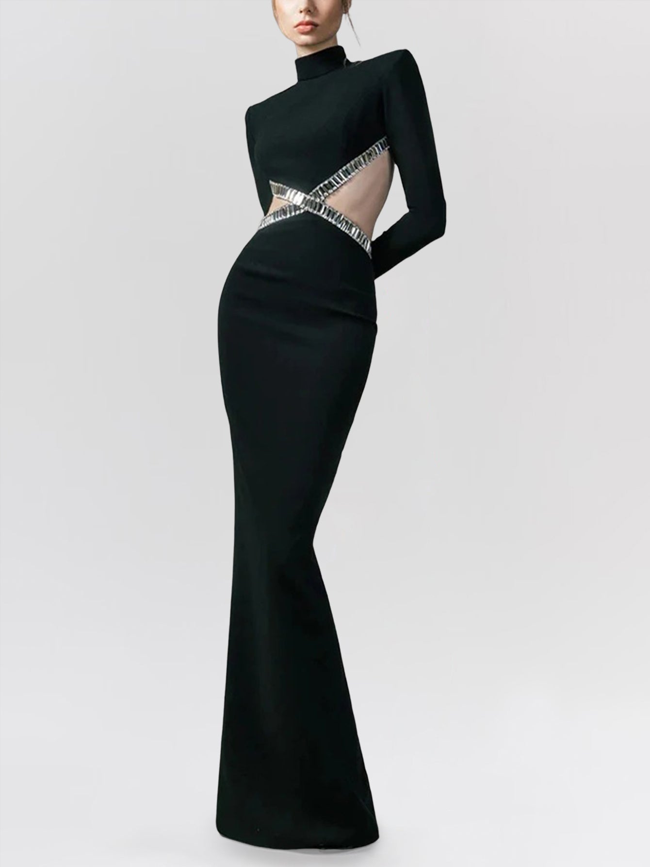 Crystal Cutout Long-Sleeve Mermaid Gown