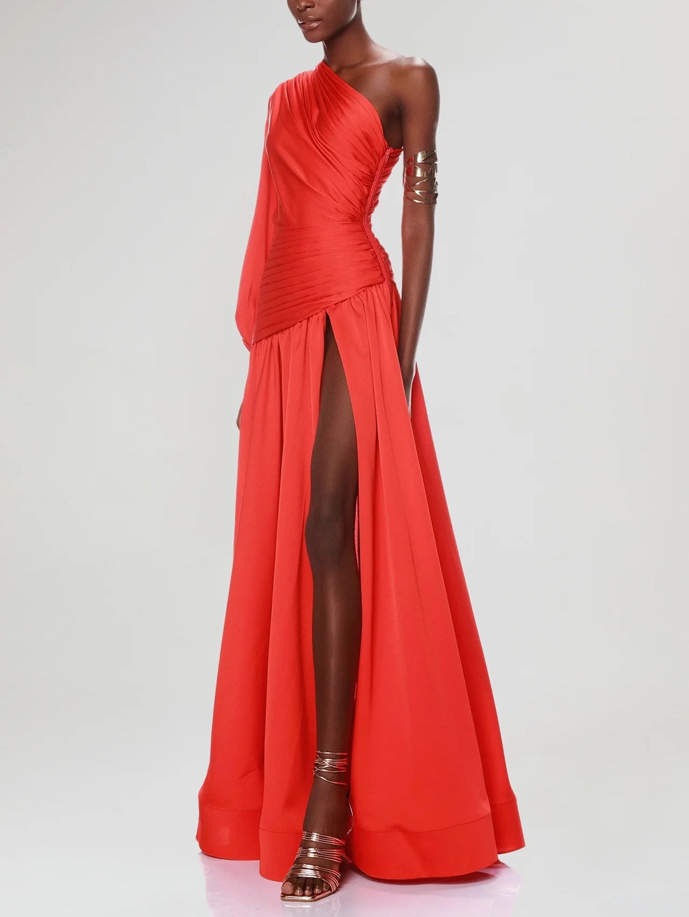 Red One-Sleeve High Slit Maxi Dress - Bold & Dramatic