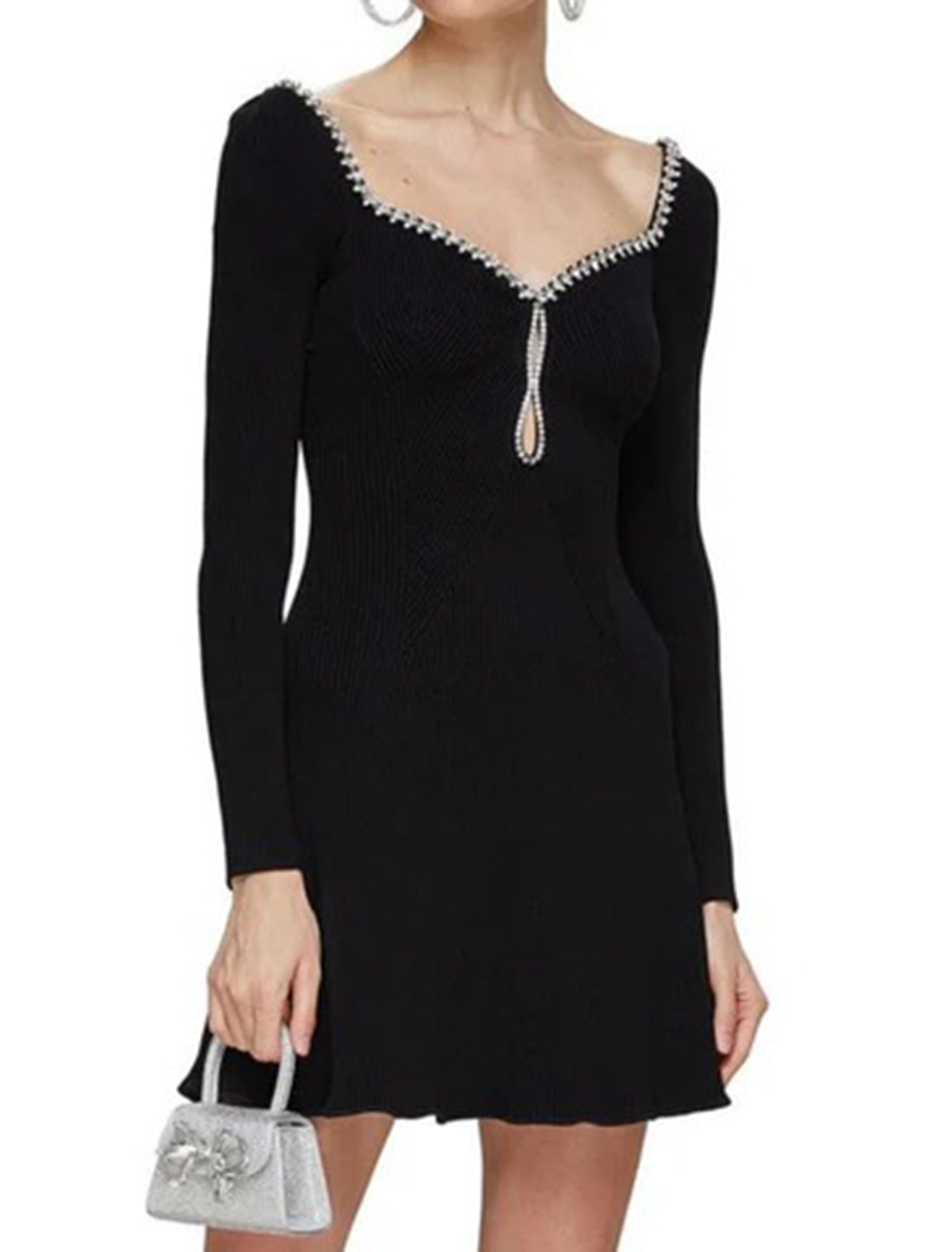 Knit Mini Dress with Crystal Embellished Neckline