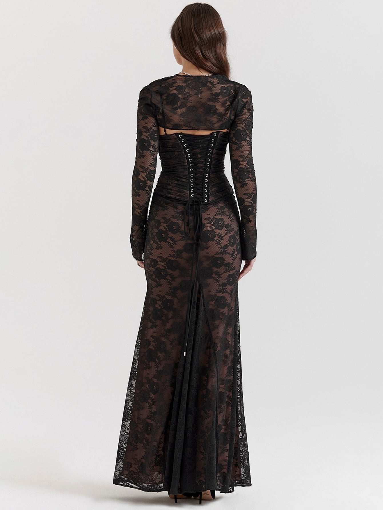 Sexy Shrug Ruched Lace Maxi Fishtail Dress - fashionprilin