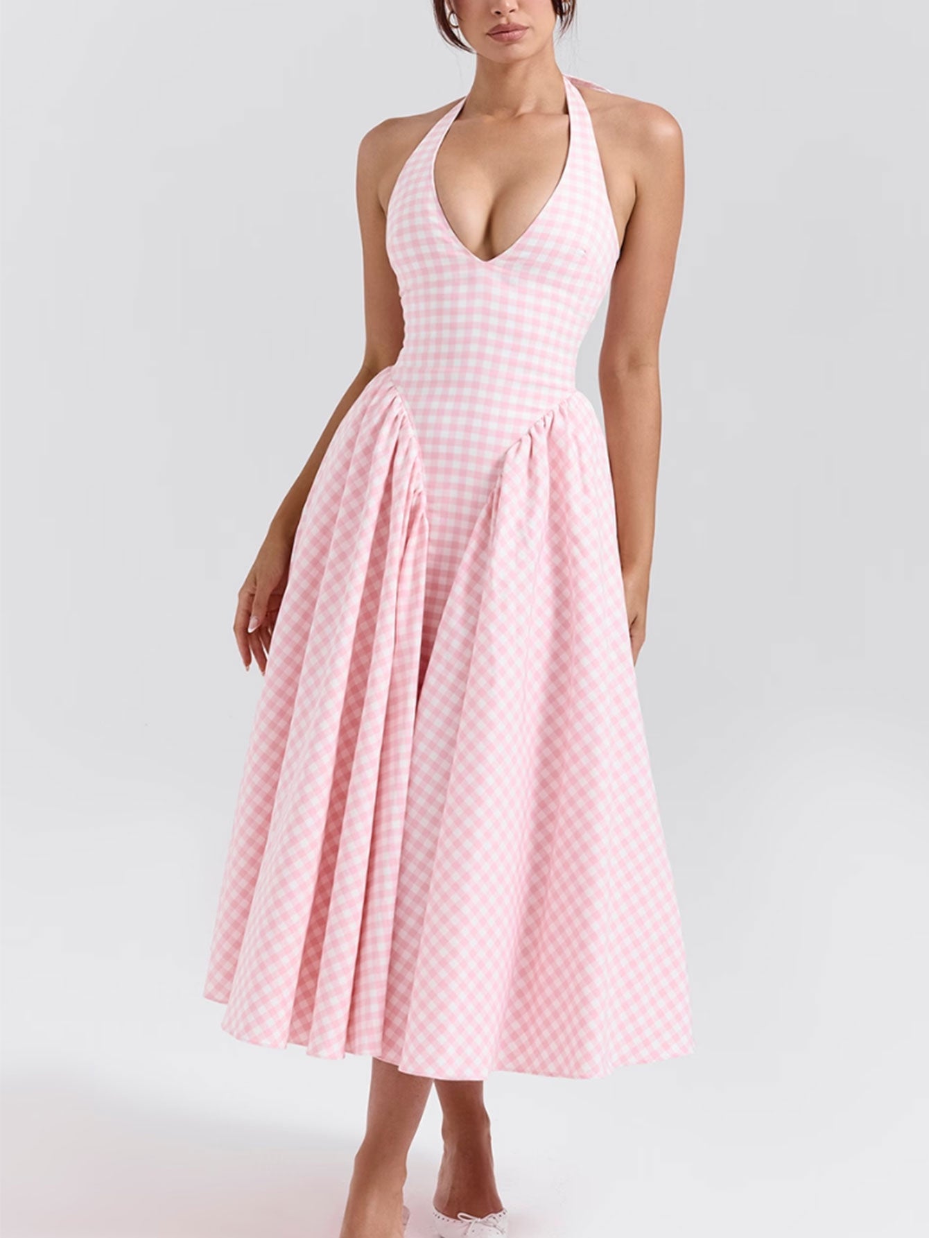 Women Pink Plaid Halterneck Deep V Neckline Midi Dress For Summer Parties and Events - fashionprilin