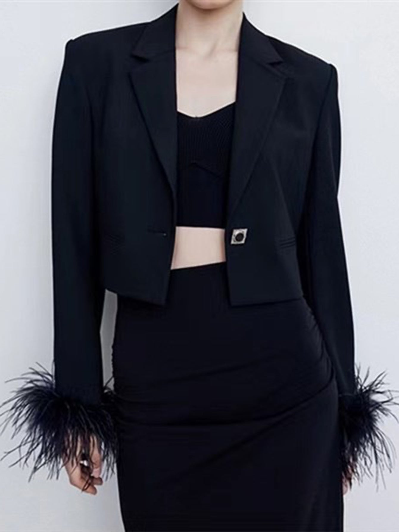 Black Feather Trimmed Blazer and Skirt Set