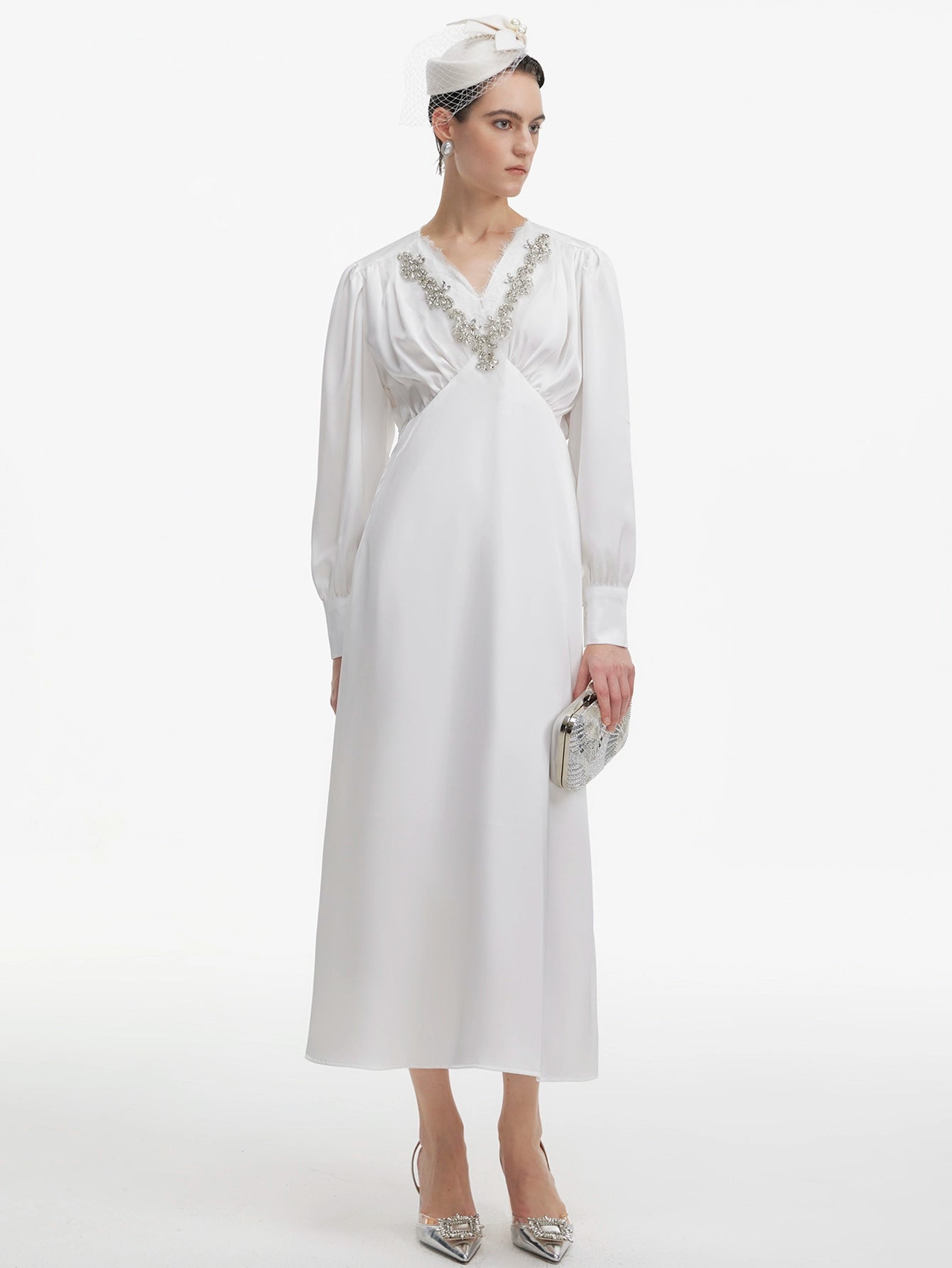 Beaded Satin Long-Sleeved Evening Dress(Silvia)