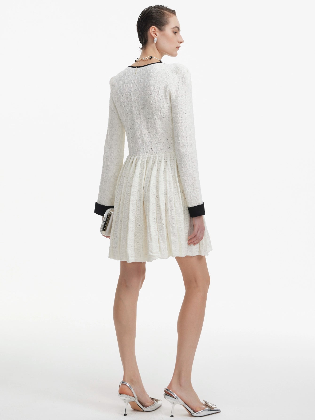 Pleated Knit Mini Dress with Pearl Buttons