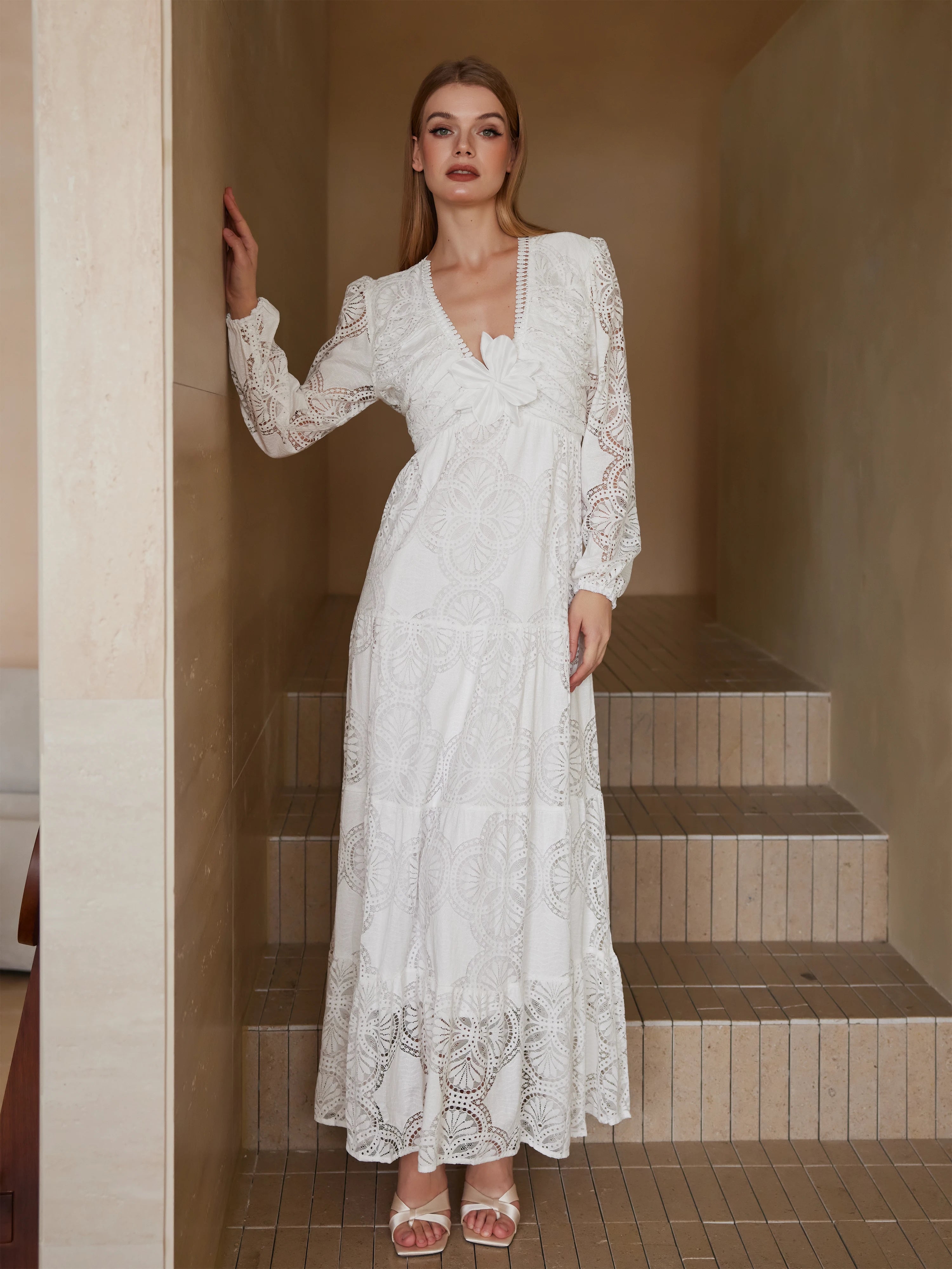 Embroidered Long-sleeved Lace Maxi Dress