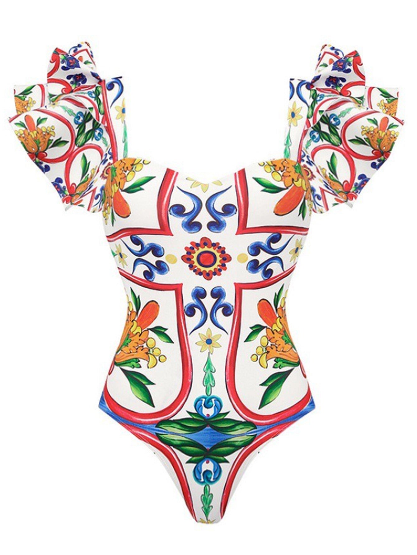 Ruffled Enamel Print One-piece Swimsuit