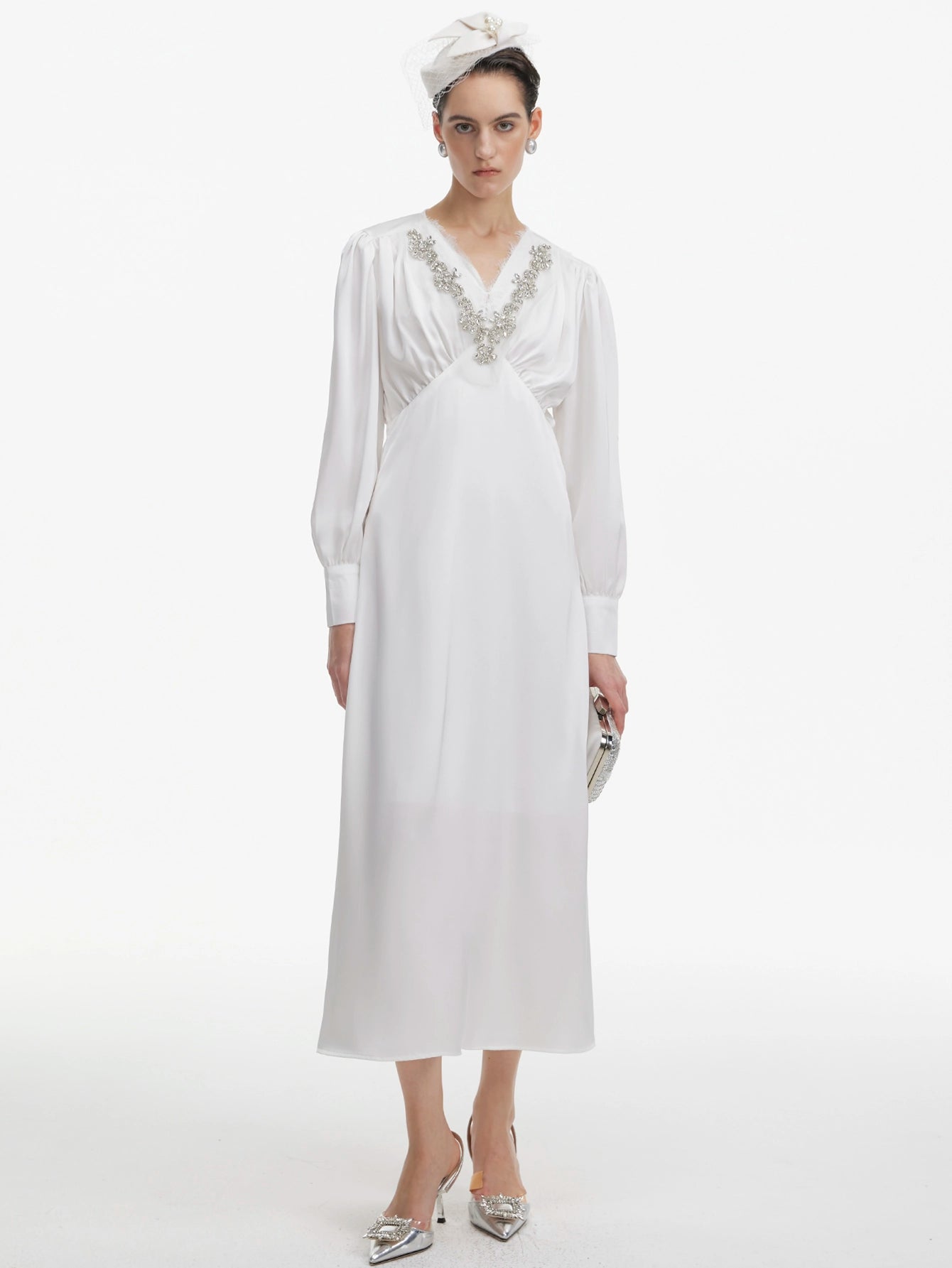 Beaded Satin Long-Sleeved Evening Dress(Silvia)