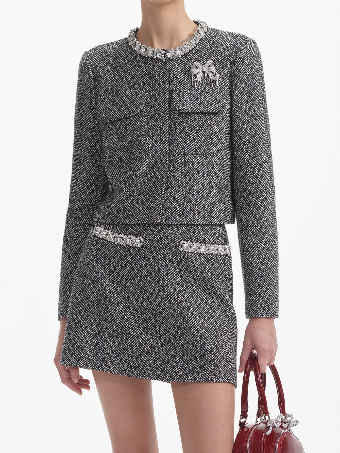 Embellished Collar Tweed Two-Piece Set