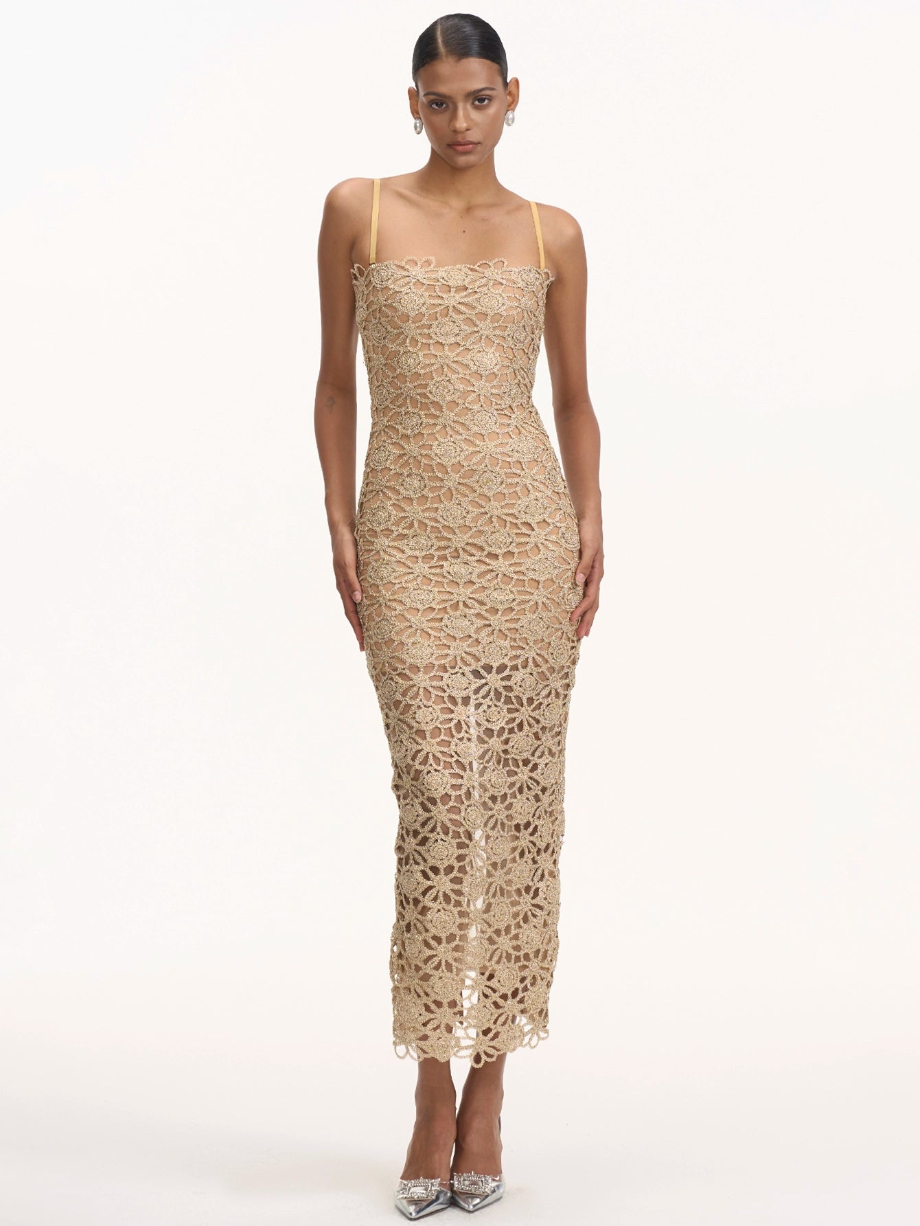 Halterneck Midi Dress with Intricate Crochet Detailing