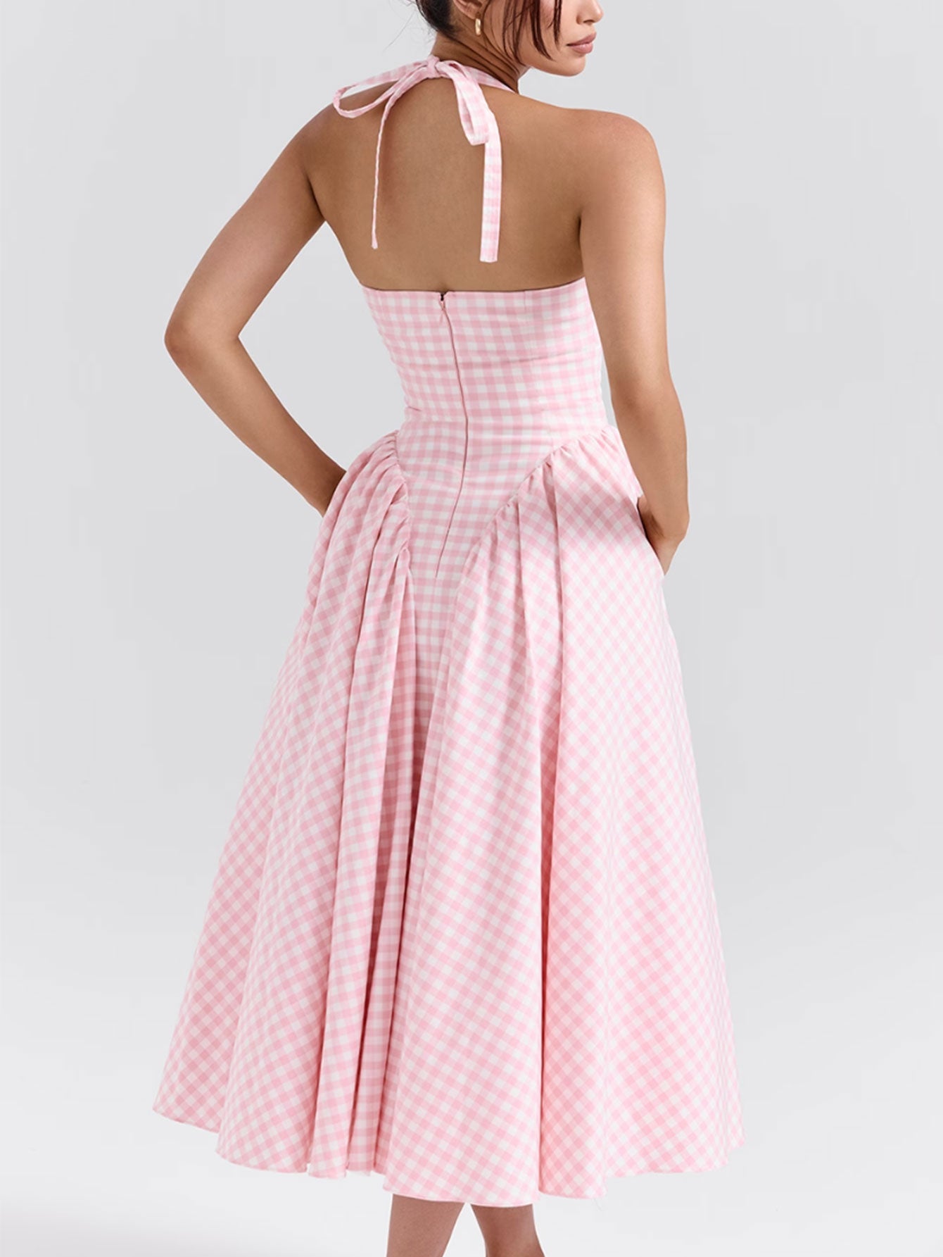 Women Pink Plaid Halterneck Deep V Neckline Midi Dress For Summer Parties and Events - fashionprilin