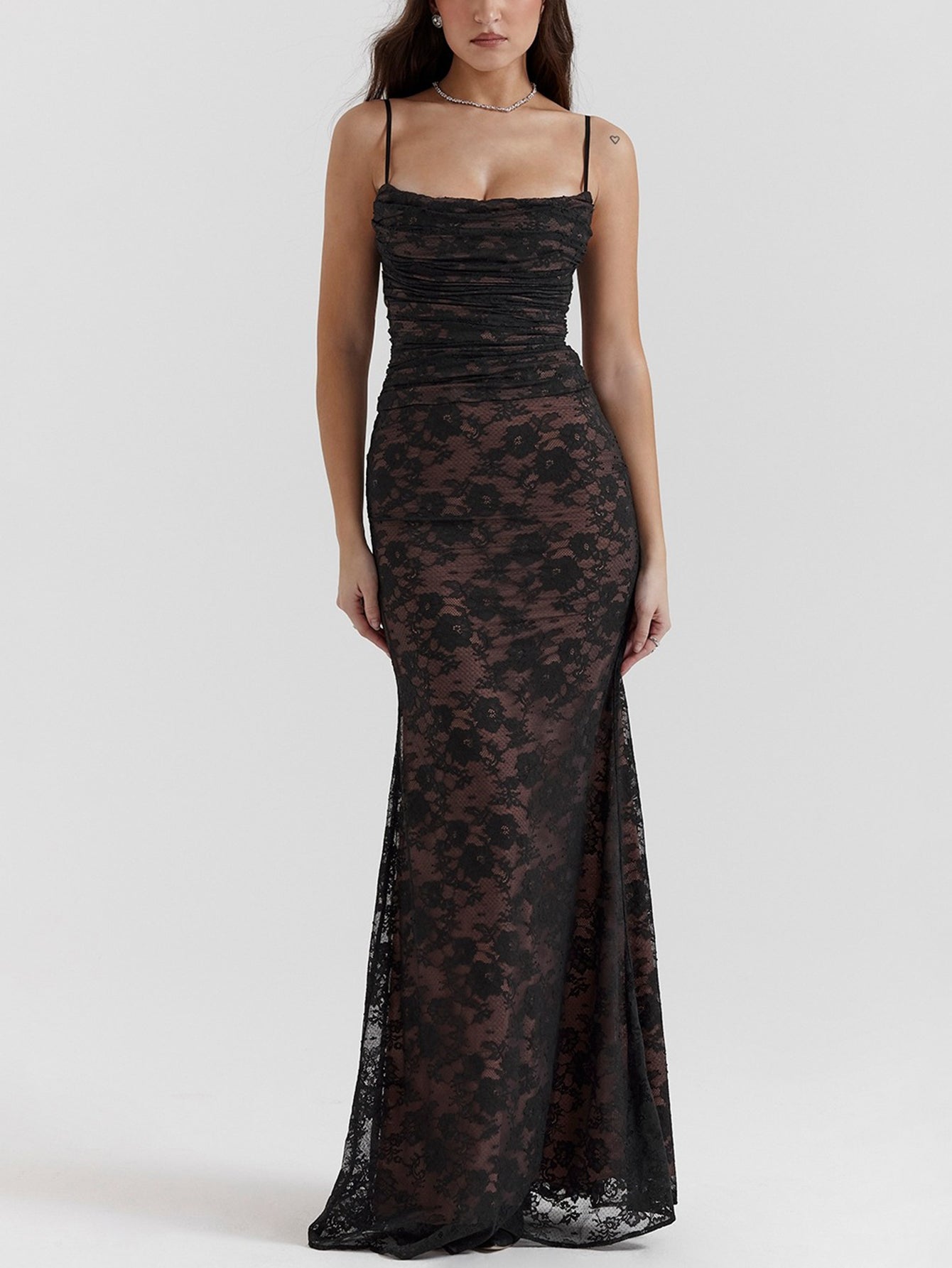 Sexy Shrug Ruched Lace Maxi Fishtail Dress - fashionprilin