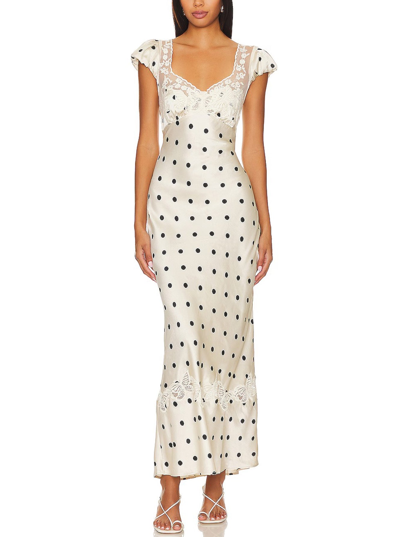 Polka Dot Silk Maxi Dress with Lace Detailing