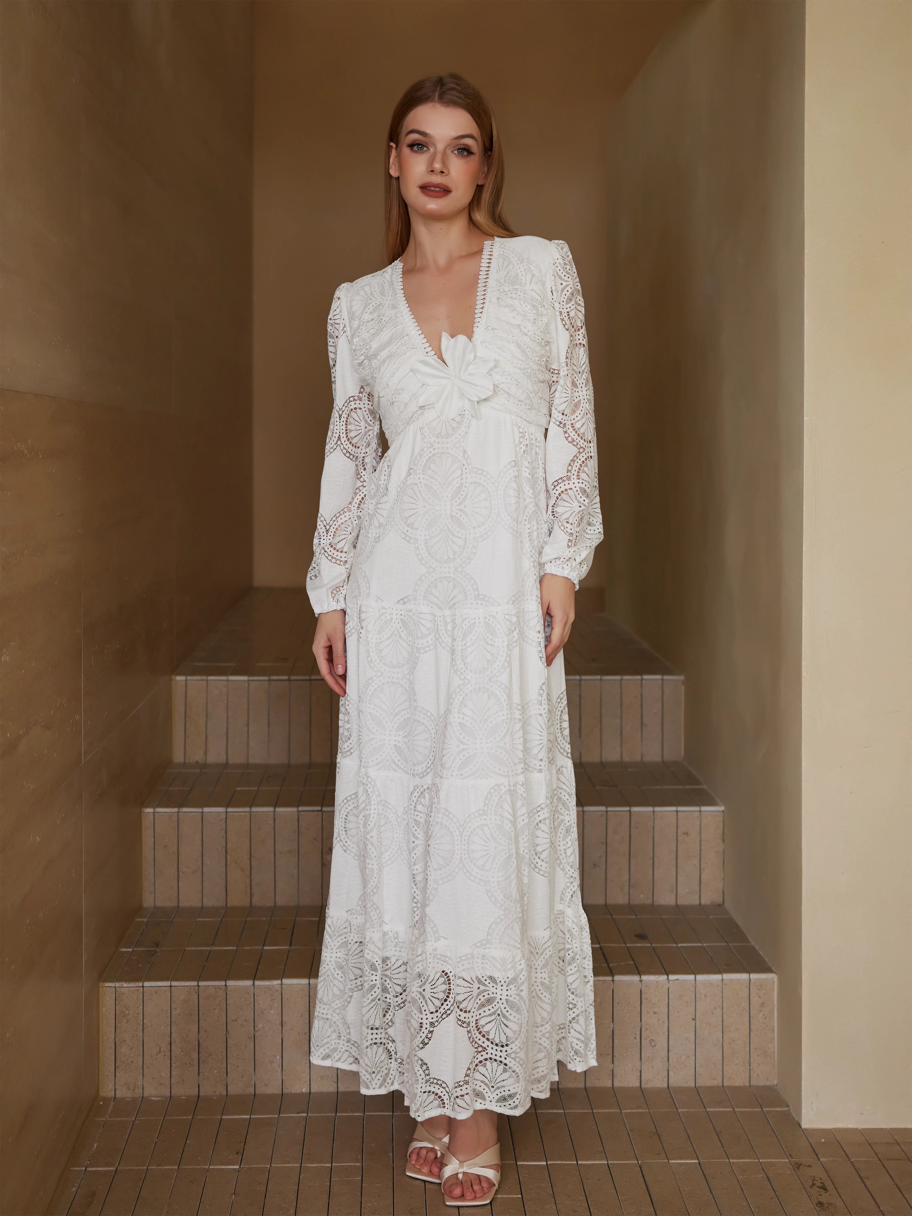 Embroidered Long-sleeved Lace Maxi Dress