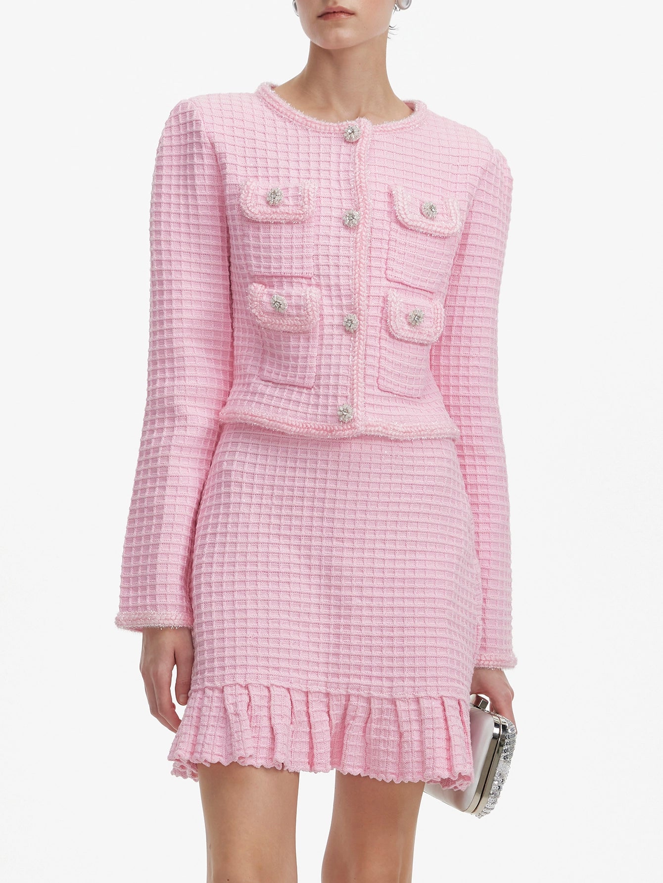 Pink Tweed Mini Skirt Set with Pleated Hem