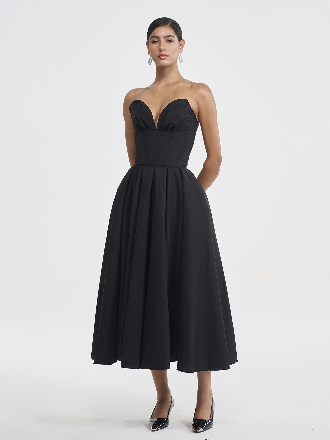 Solid Strapless Sleeveless Midi Dress