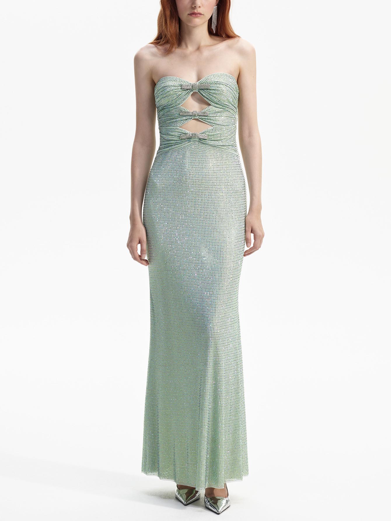 Sparkling  Strapless Maxi Dress with Cutouts and Crystals