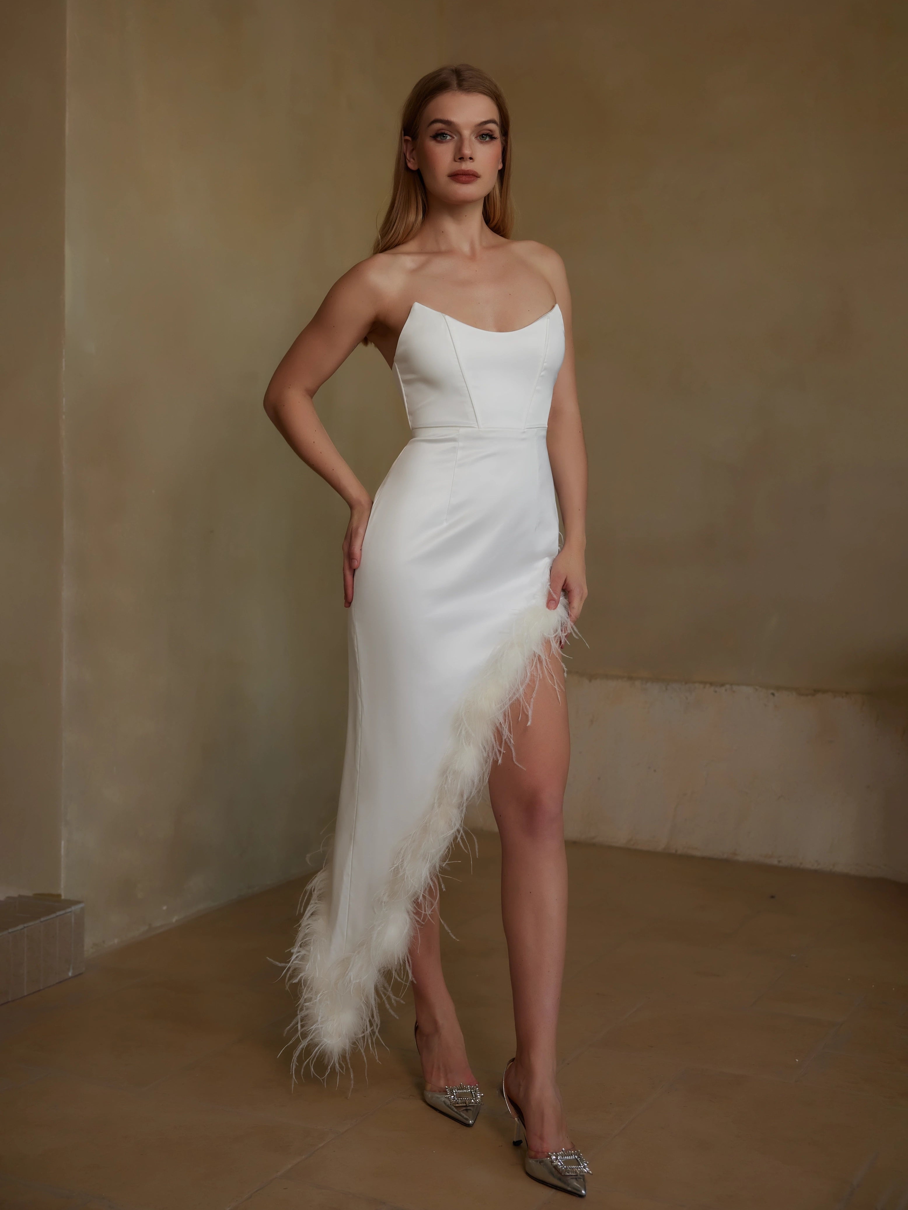 Elegant Feather Trim Strapless Dress