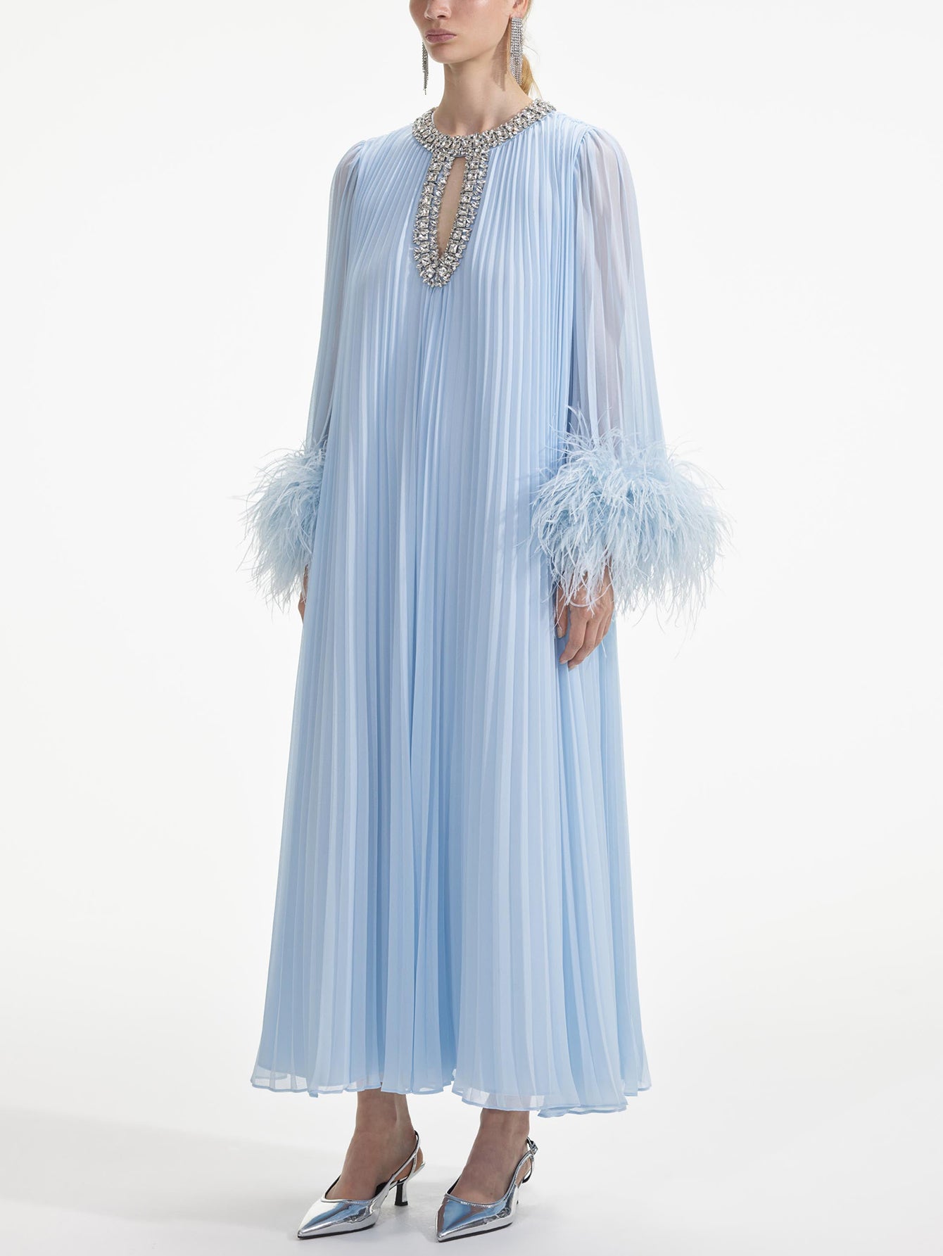 Feathered Cuff Embellished Pleated Gown