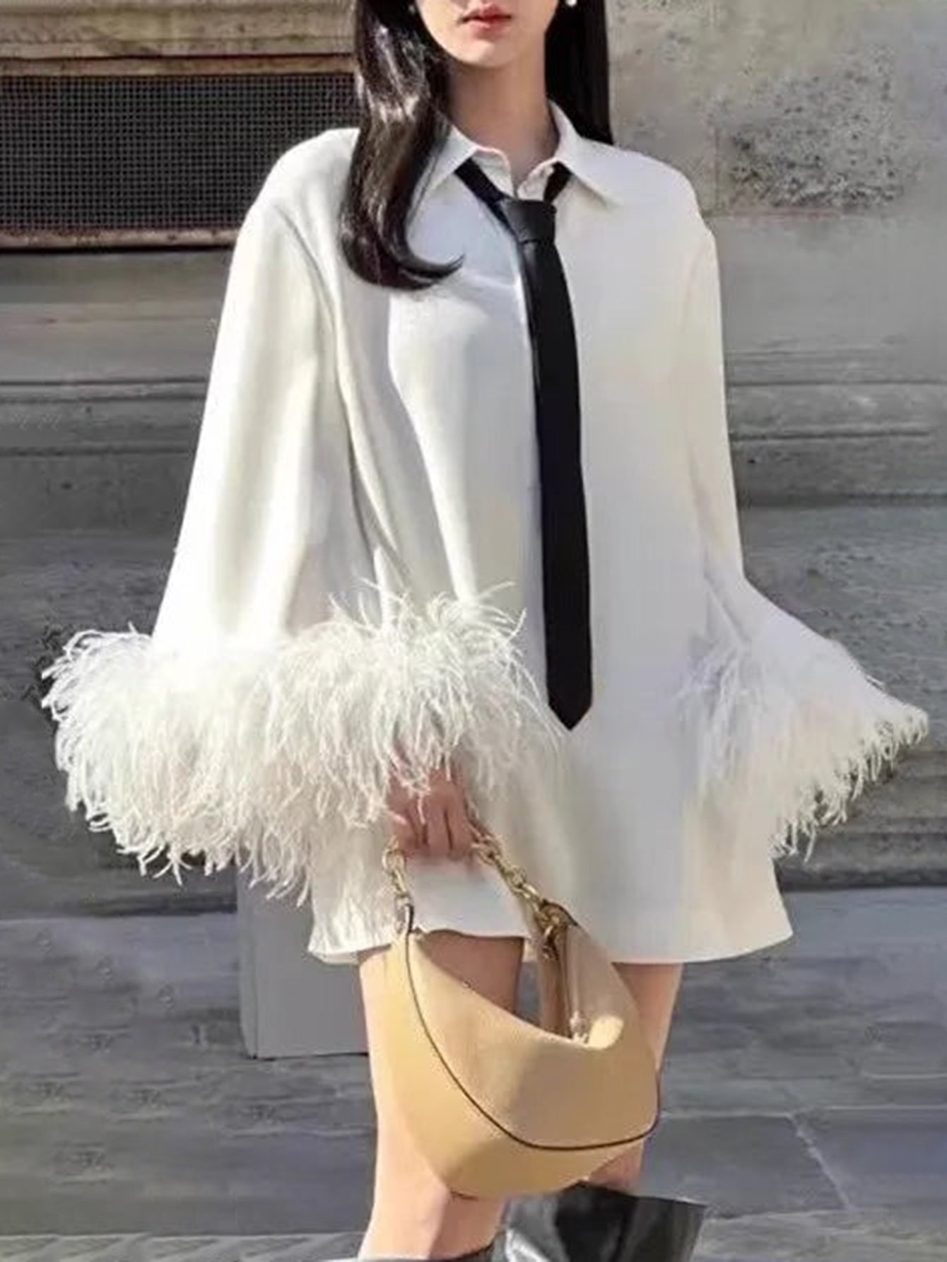 Feather-Trimmed Shirt Dress