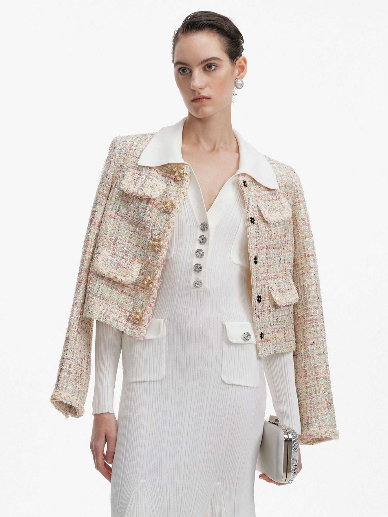 Tweed Blazer Jacket with Pearl Buttons