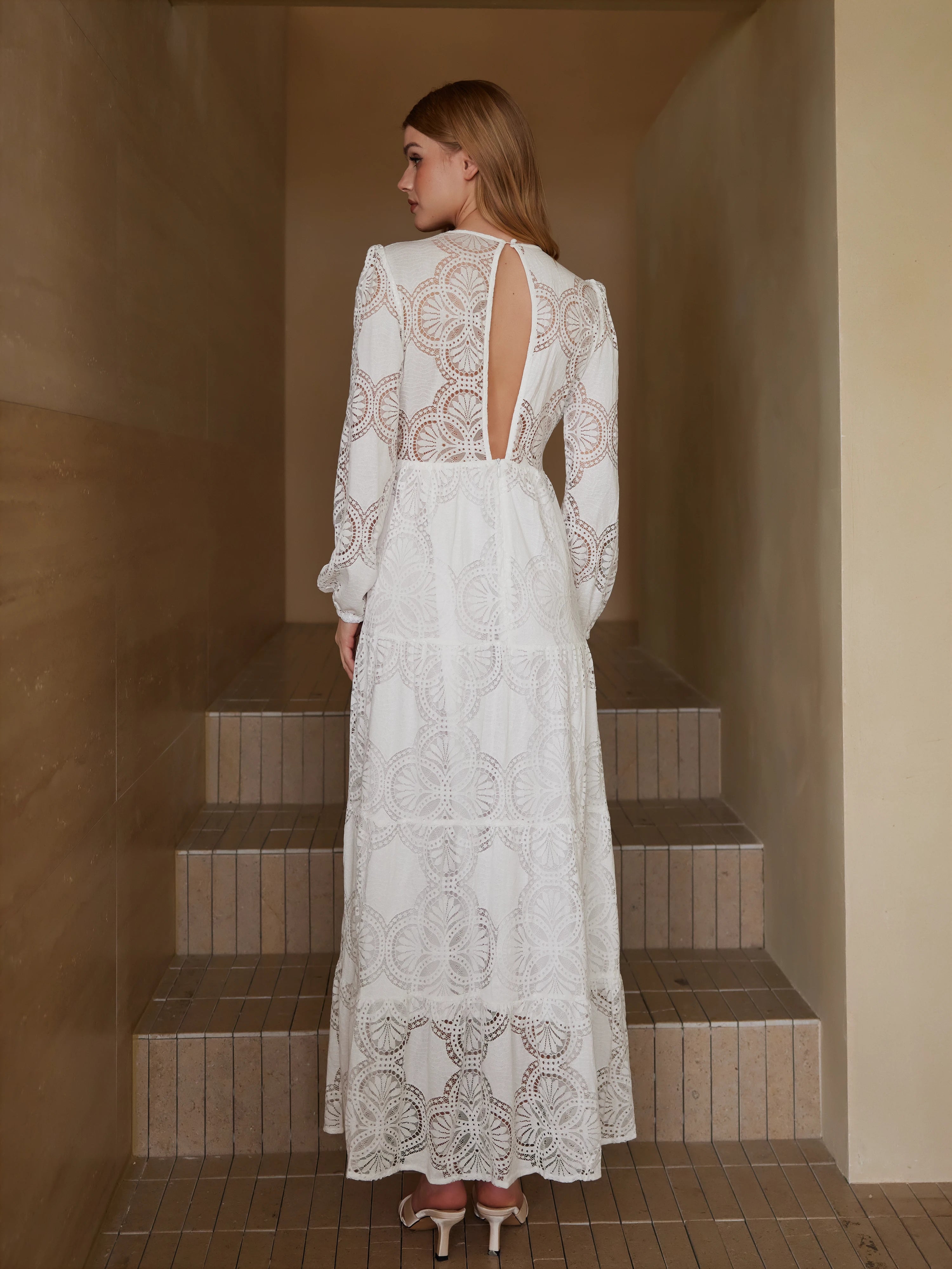 Embroidered Long-sleeved Lace Maxi Dress