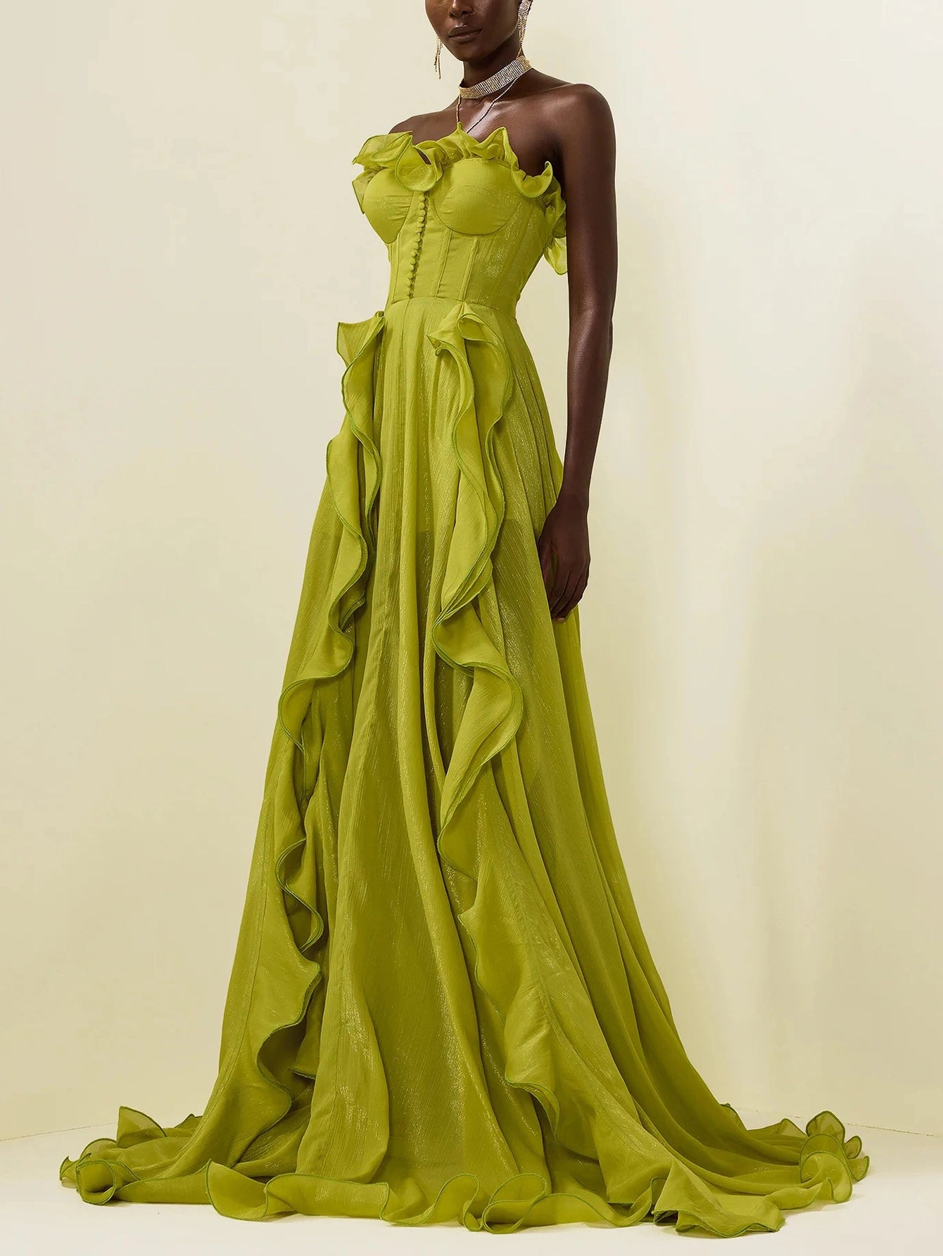 Green Chiffon Ruffle Gown - Elegant Evening Gown