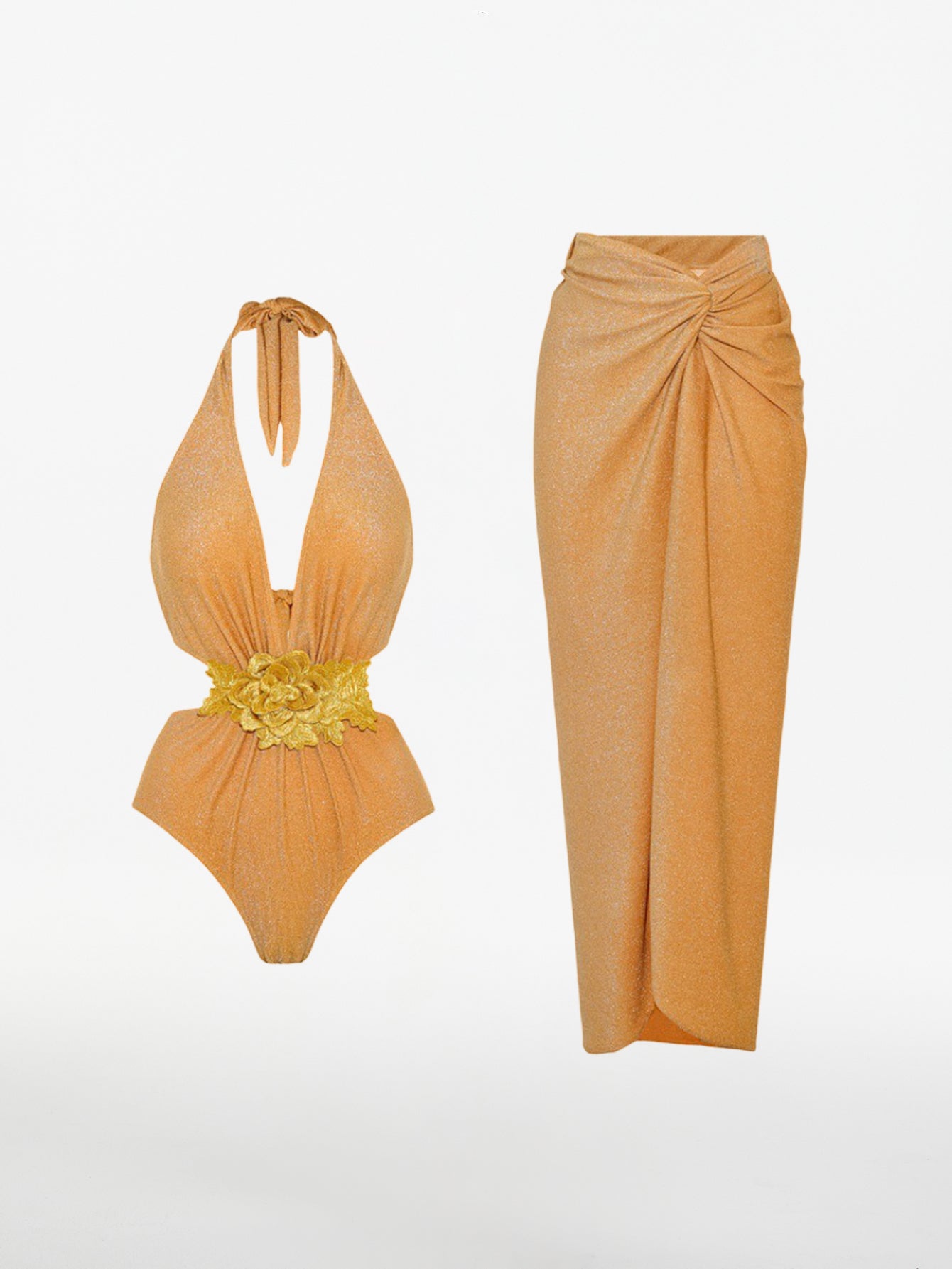 Elegant Halterneck Swimsuit & Wrap Skirt Set