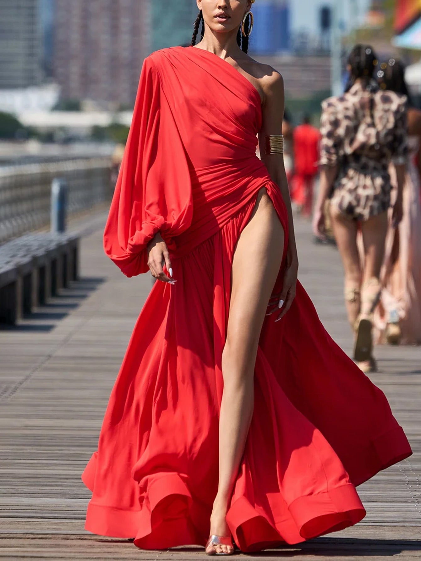 Red One-Sleeve High Slit Maxi Dress - Bold & Dramatic